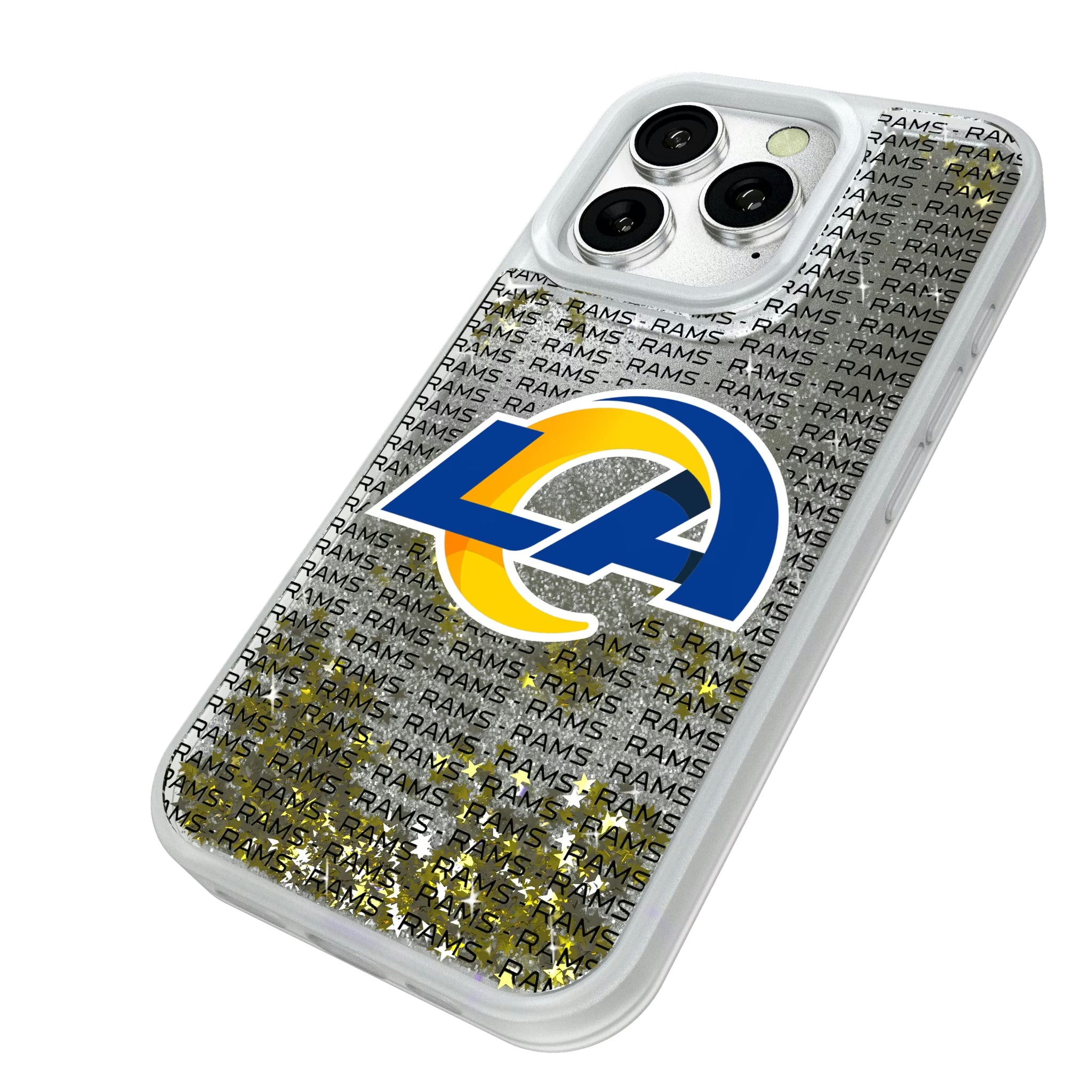 Los Angeles Rams Text Backdrop iPhone Glitter Phone Case for Apple iPhone - Isometric View#Device_iPhone 16 Pro