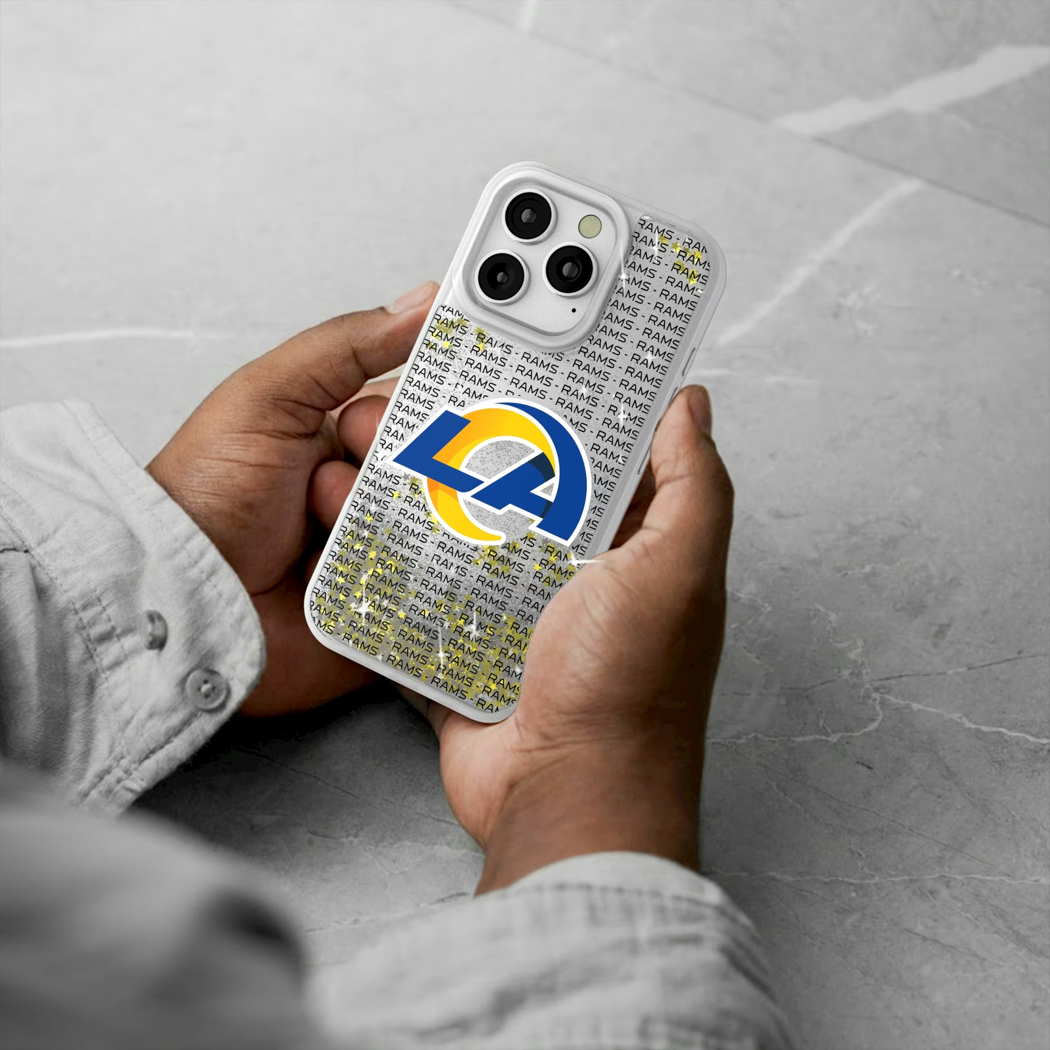Los Angeles Rams Text Backdrop iPhone Glitter Phone Case for Apple iPhone - Lifestyle#Device_iPhone 16 Pro