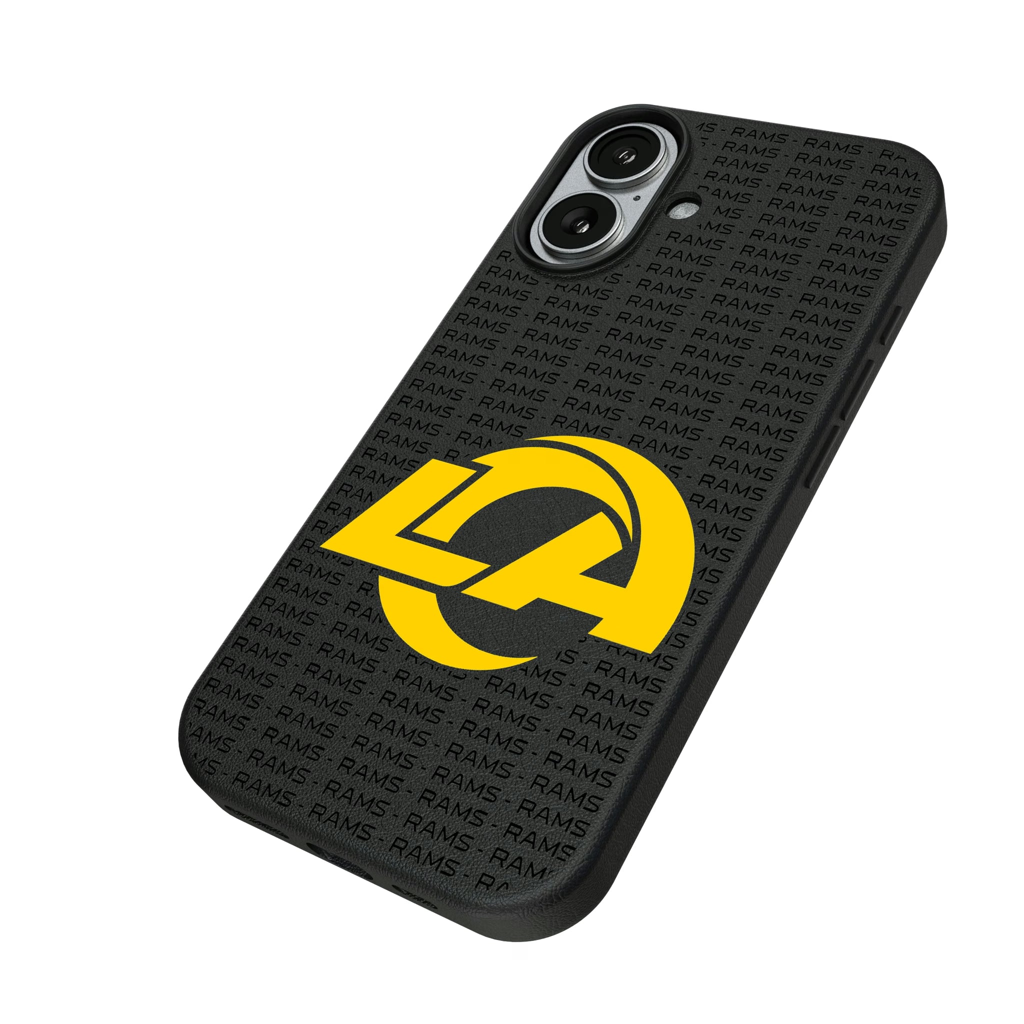 Los Angeles Rams Text Backdrop iPhone MagSafe Compatible Phone Case for Apple iPhone - Isometric View#Device_iPhone 17