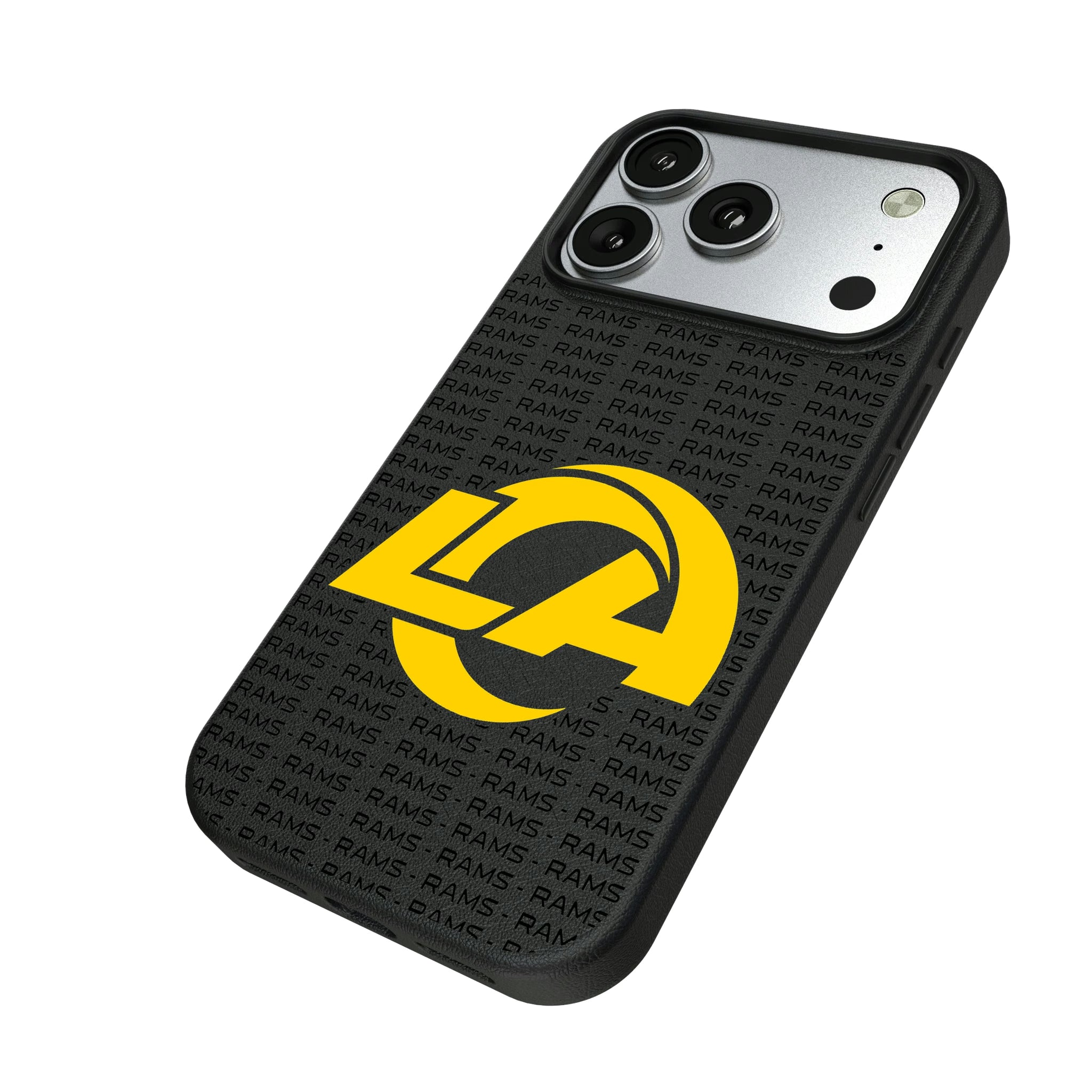 Los Angeles Rams Text Backdrop iPhone MagSafe Compatible Phone Case for Apple iPhone - Isometric View#Device_iPhone 17 Pro