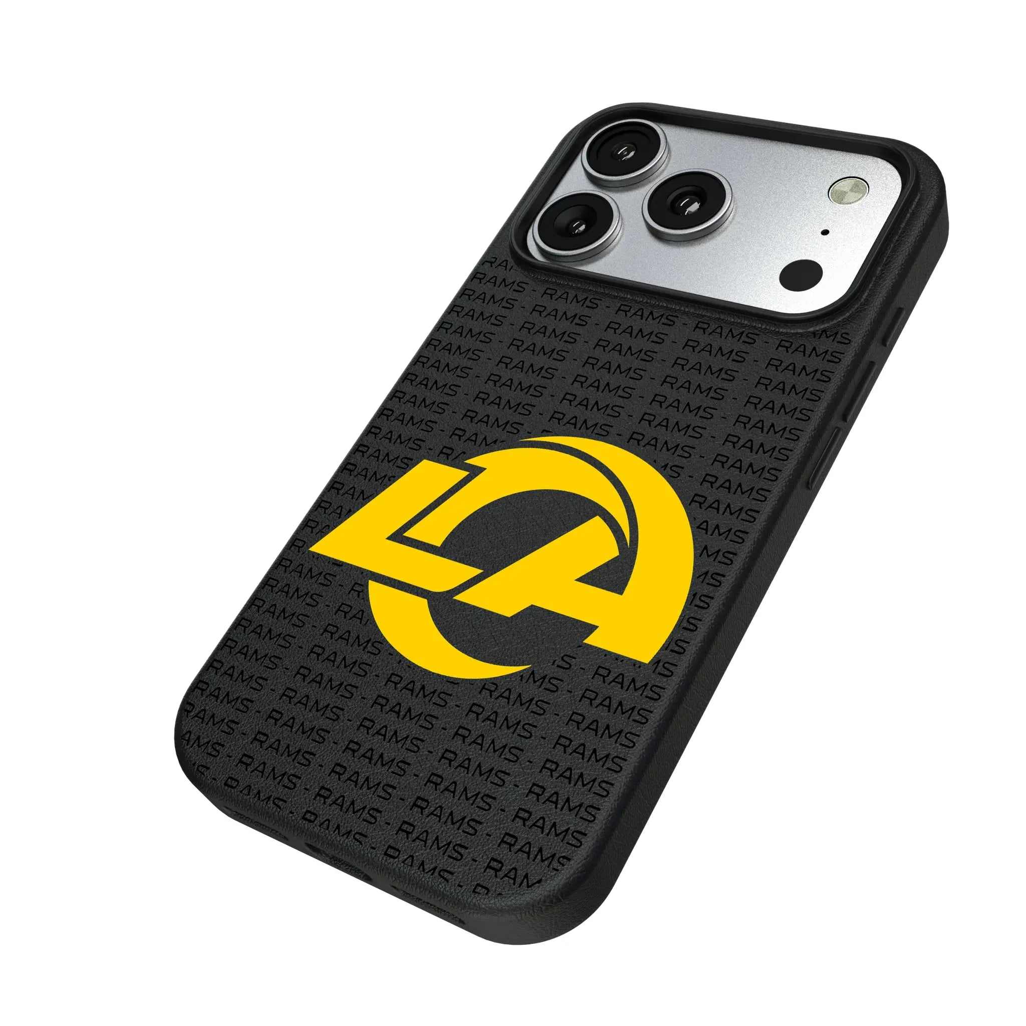 Los Angeles Rams Text Backdrop iPhone MagSafe Compatible Phone Case for Apple iPhone - Isometric View#Device_iPhone 17 Pro