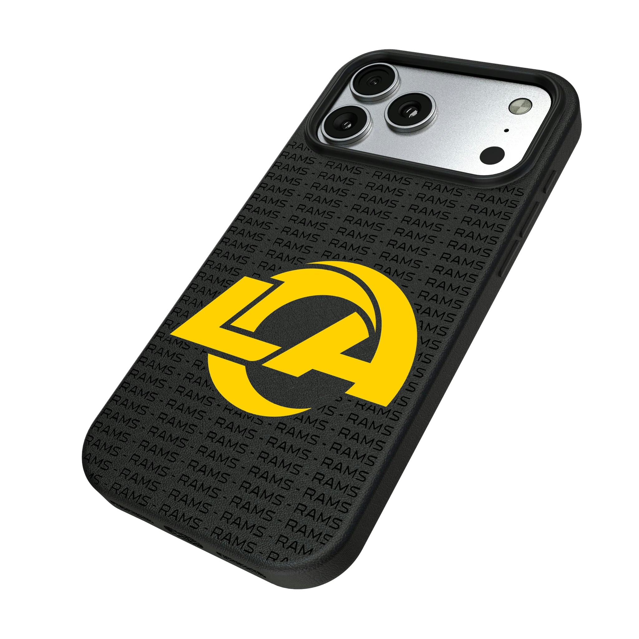 Los Angeles Rams Text Backdrop iPhone MagSafe Compatible Phone Case for Apple iPhone - Isometric View#Device_iPhone 17 Pro Max