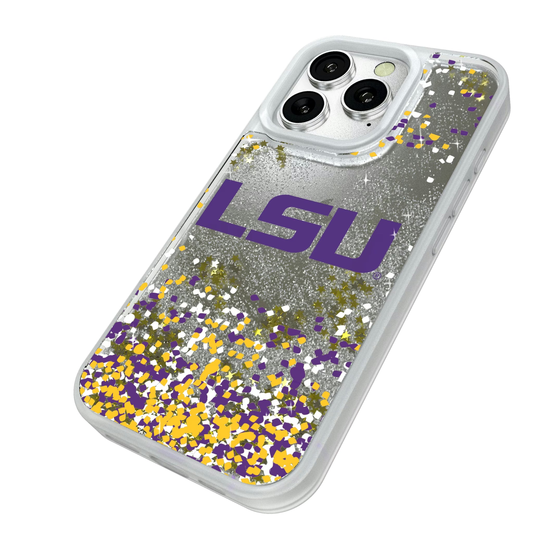 Louisiana State University Tigers Confetti iPhone Glitter Phone Case for Apple iPhone - Isometric View#Device_iPhone 16 Pro