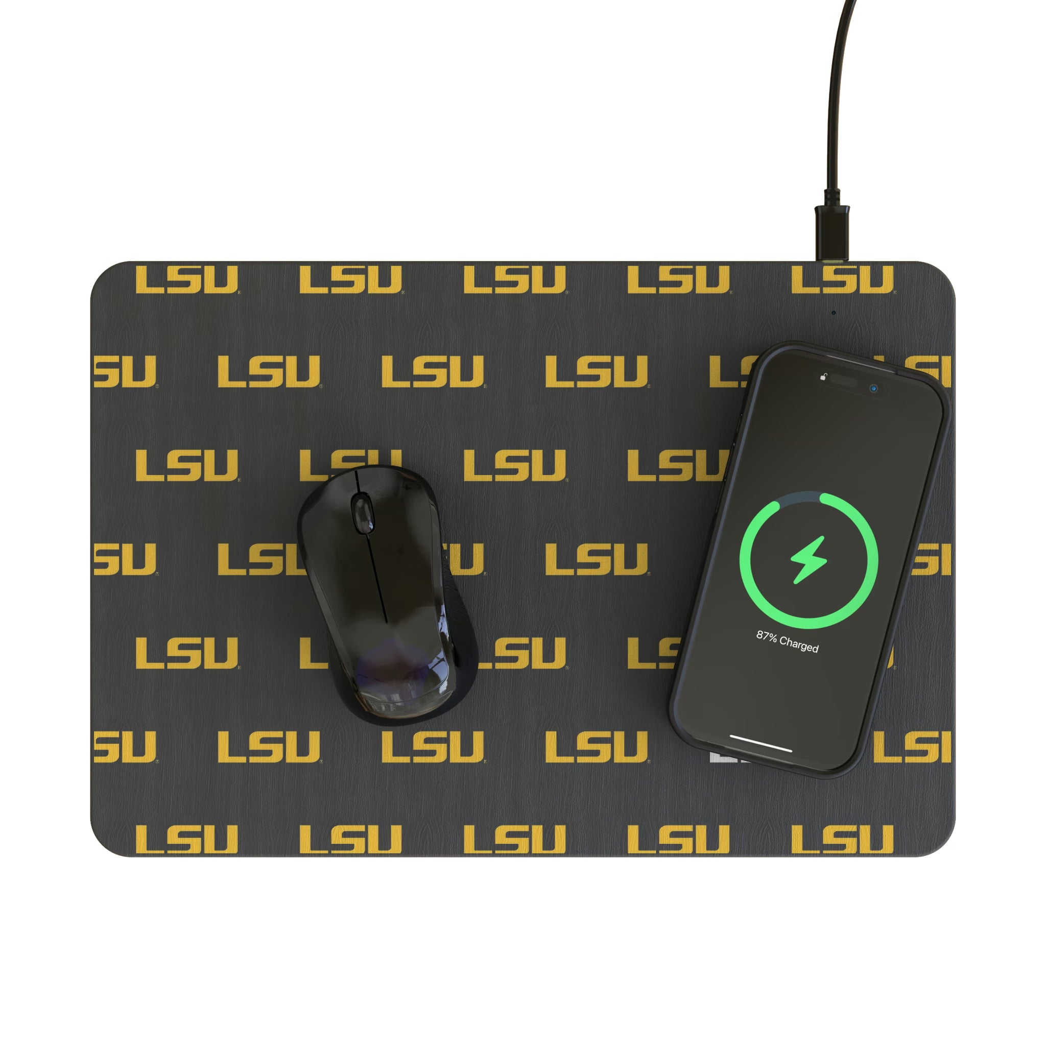 Louisiana State University Tigers Fashion Pattern 15-Watt Wireless Charger and Mouse Pad - Lifestyle