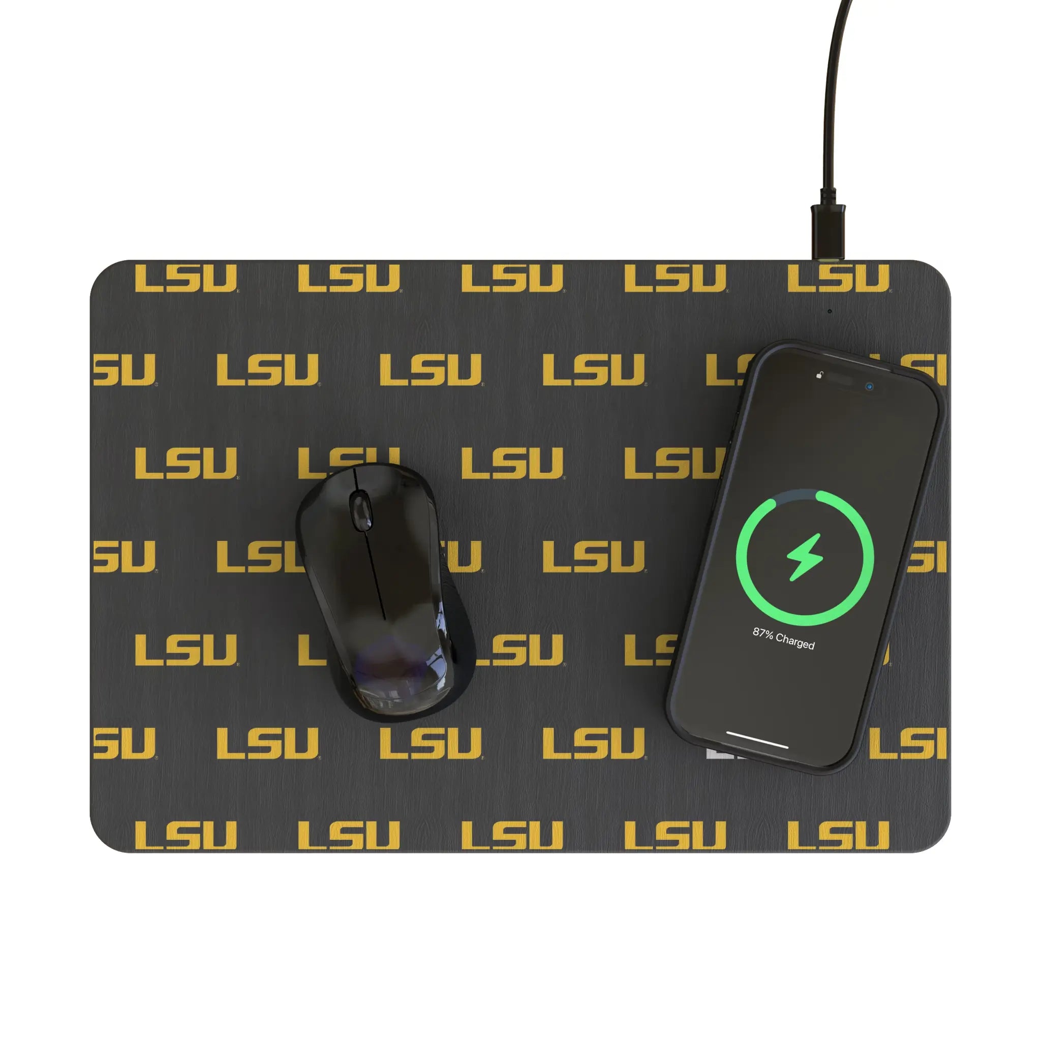 Louisiana State University Tigers Fashion Pattern 15-Watt Wireless Charger and Mouse Pad - Lifestyle
