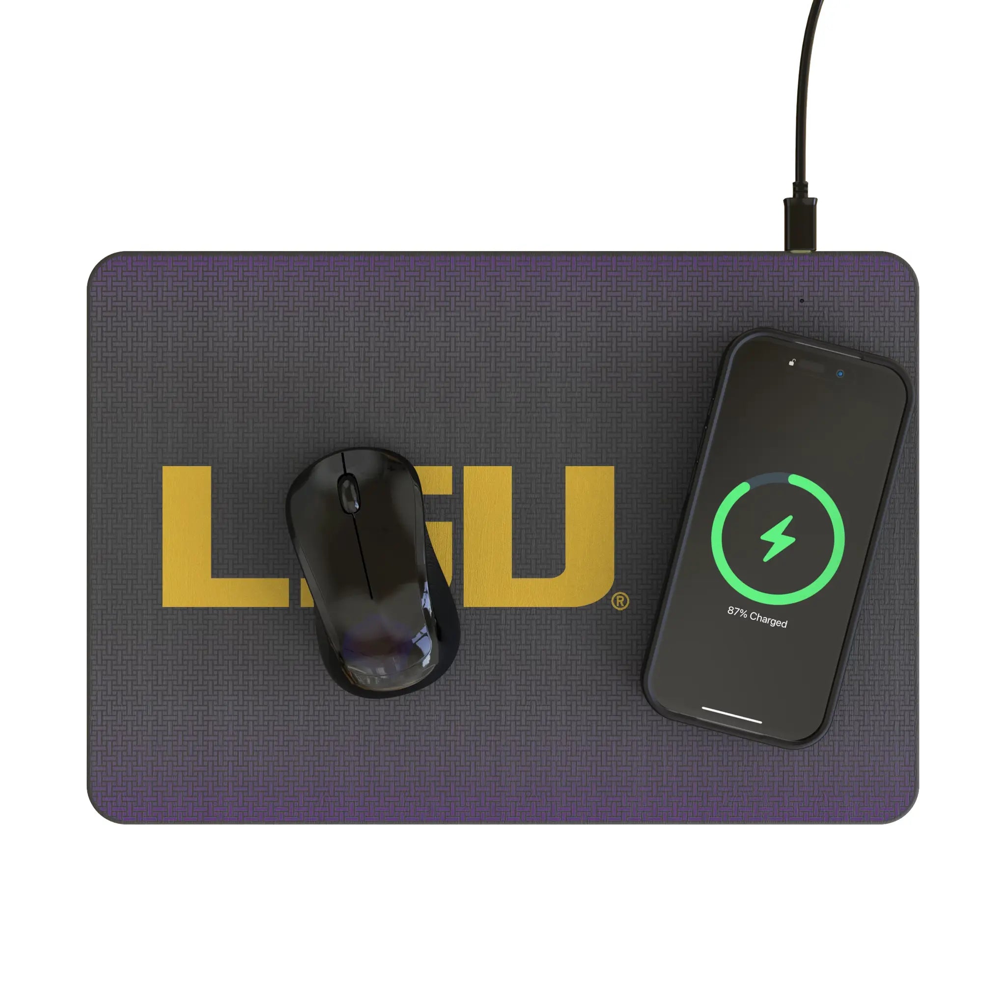 Louisiana State University Tigers Linen 15-Watt Wireless Charger and Mouse Pad - Lifestyle