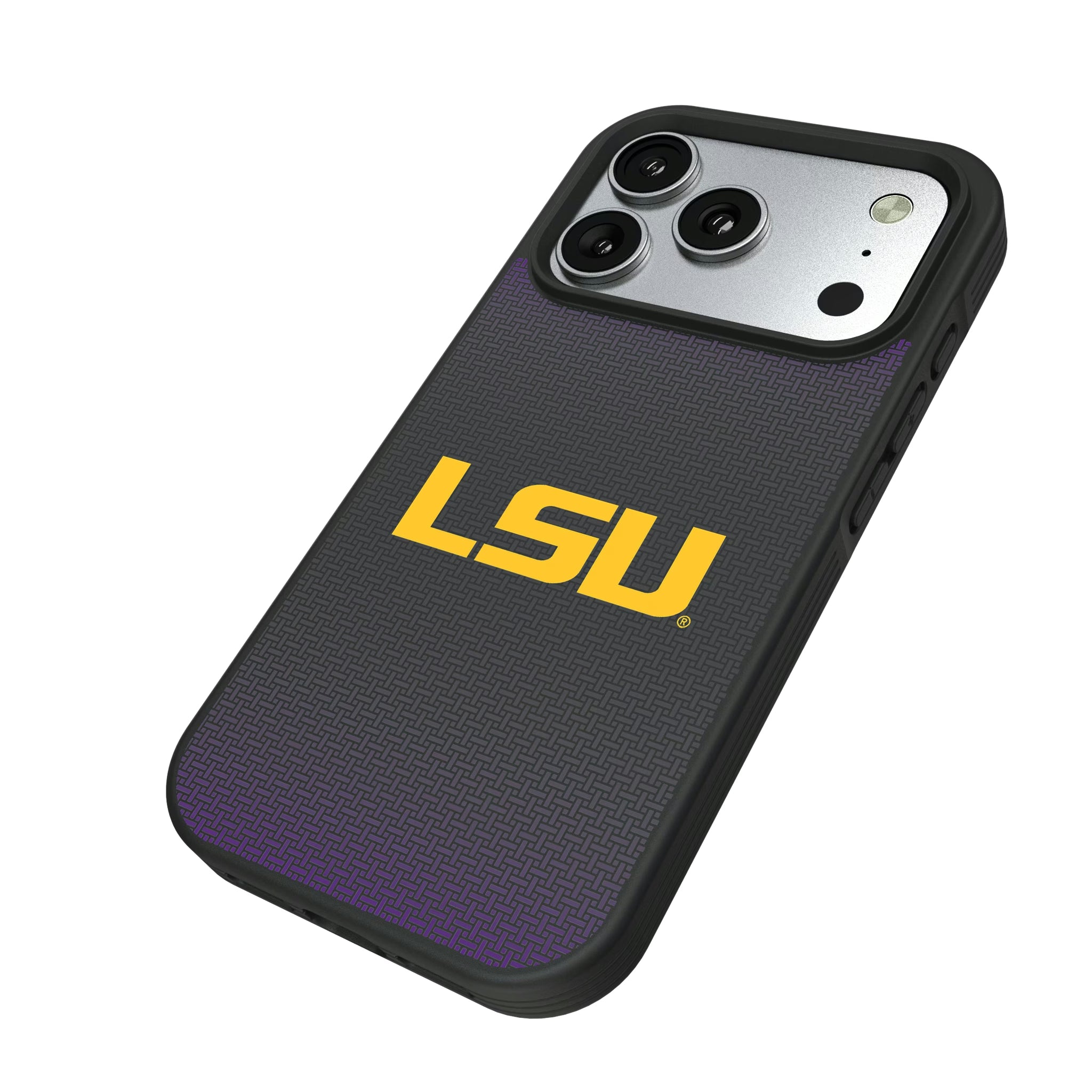 Louisiana State University Tigers Linen iPhone Bump Phone Case for Apple iPhone - Isometric View#Device_iPhone 17 Pro