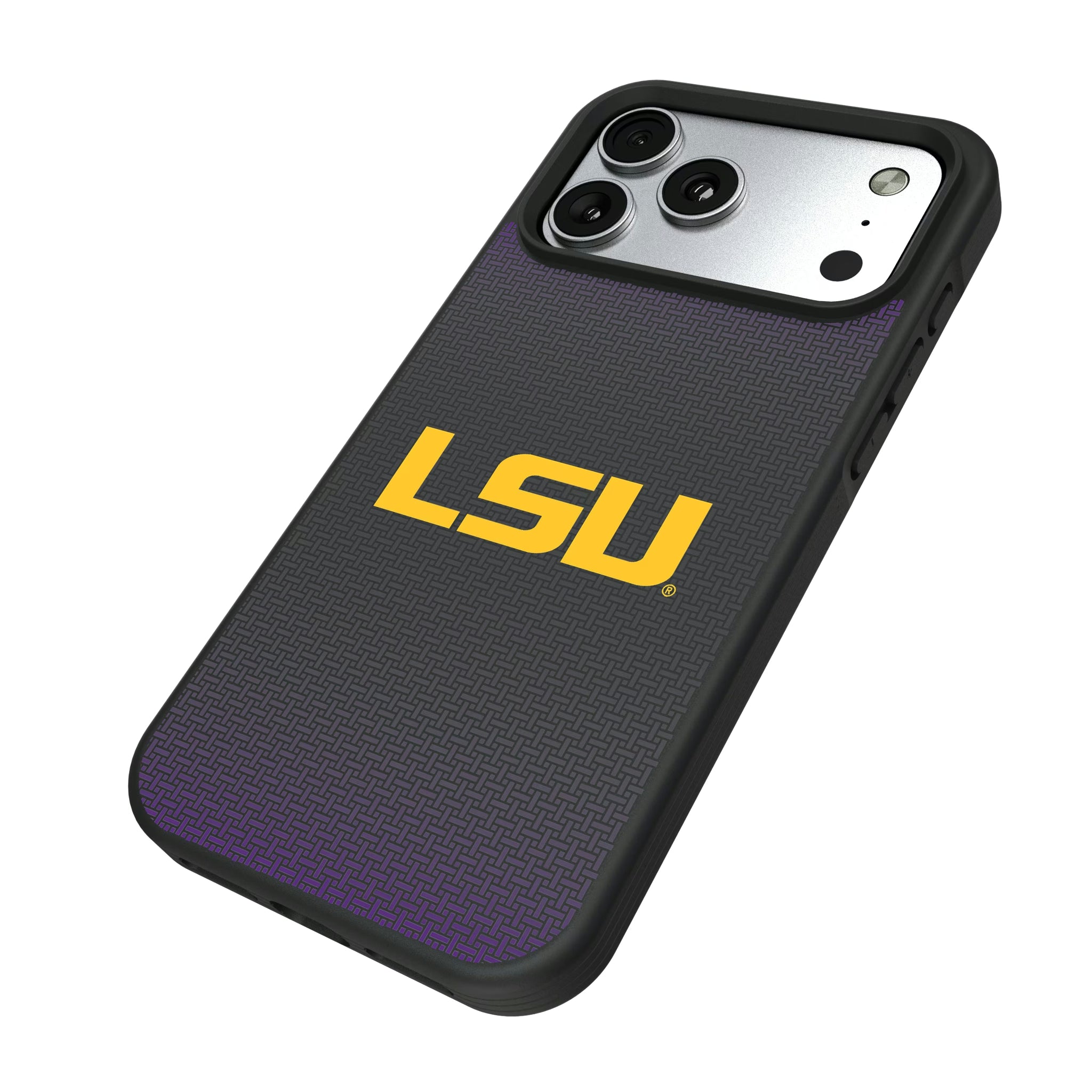 Louisiana State University Tigers Linen iPhone Bump Phone Case for Apple iPhone - Isometric View#Device_iPhone 17 Pro Max