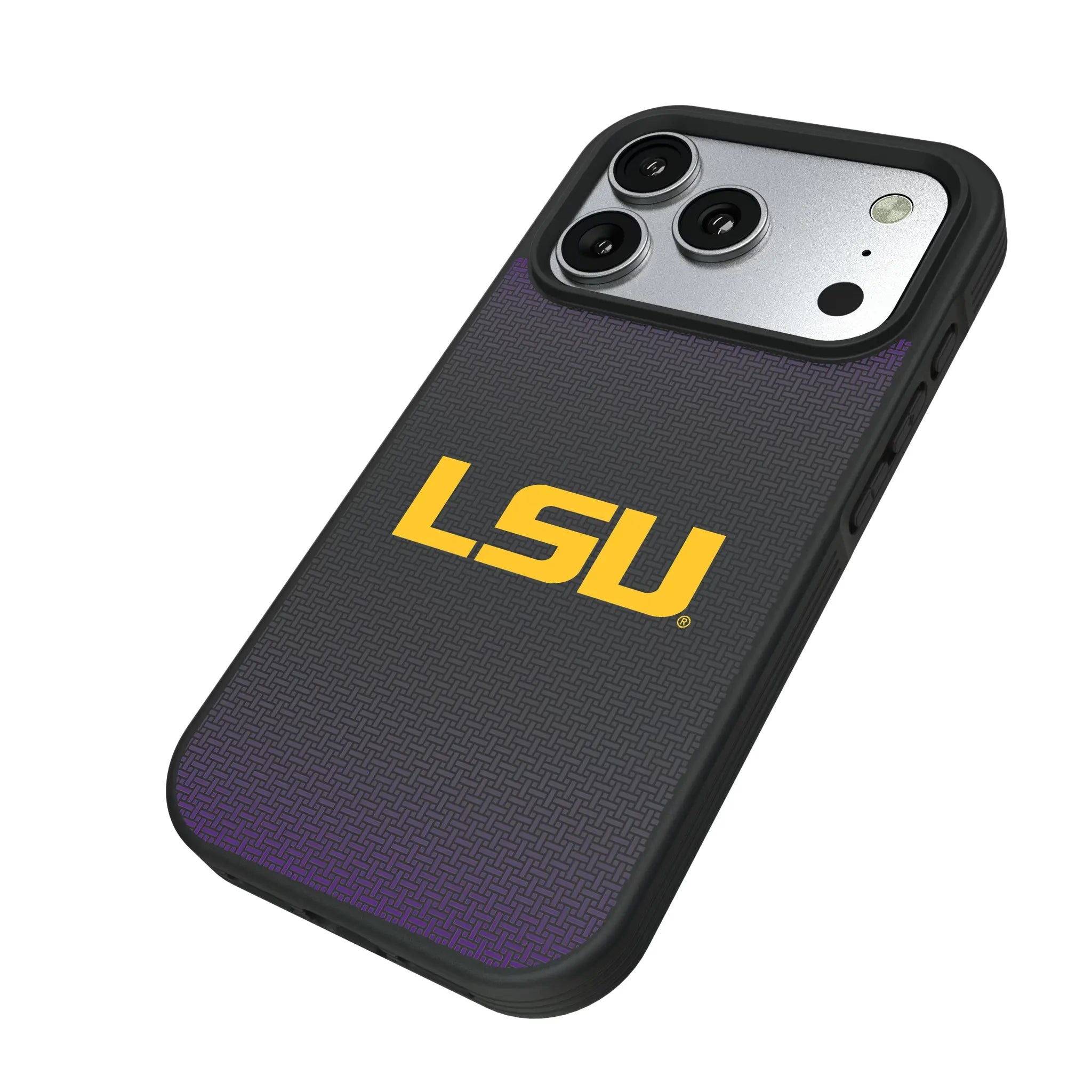 Louisiana State University Tigers Linen iPhone Bump Phone Case for Apple iPhone - Isometric View#Device_iPhone 17 Pro