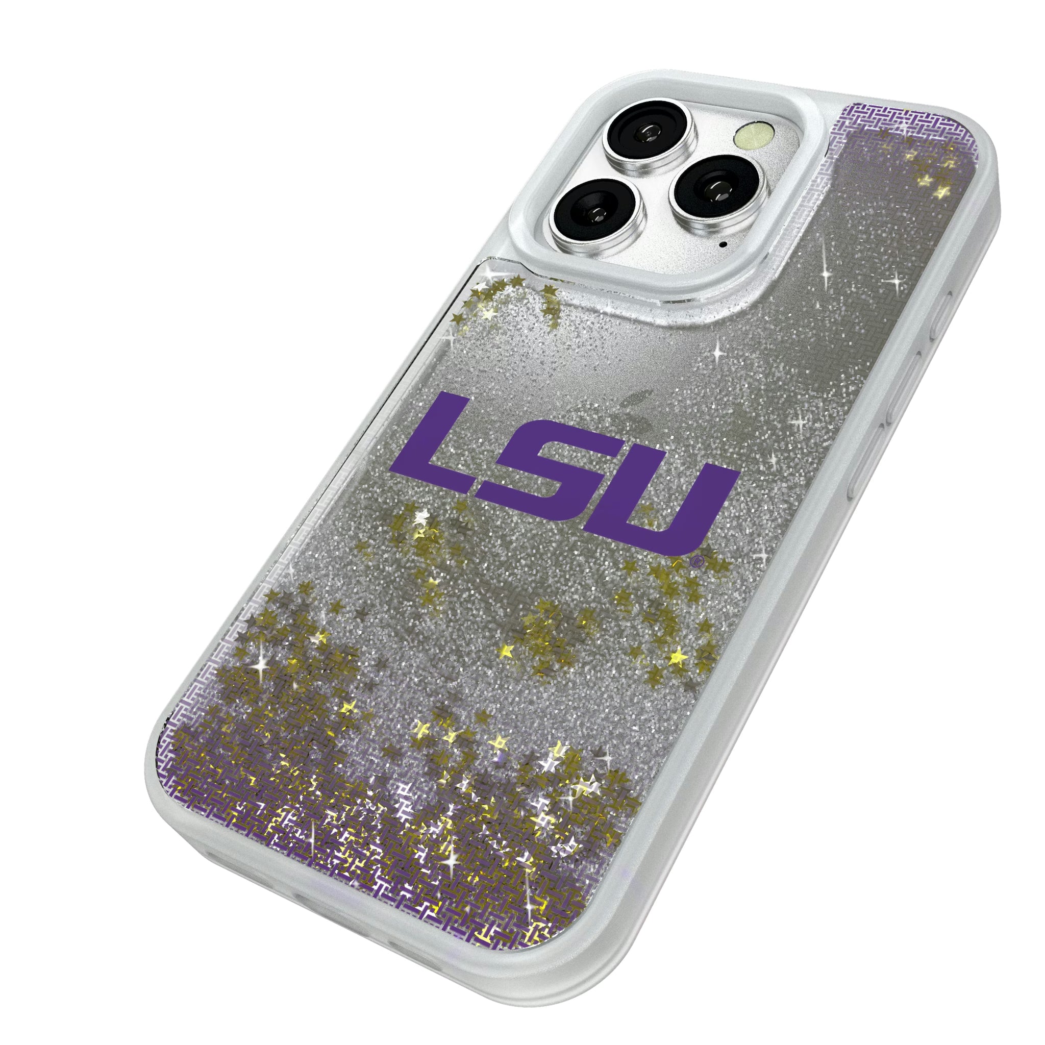 Louisiana State University Tigers Linen iPhone Glitter Phone Case for Apple iPhone - Isometric View#Device_iPhone 16 Pro