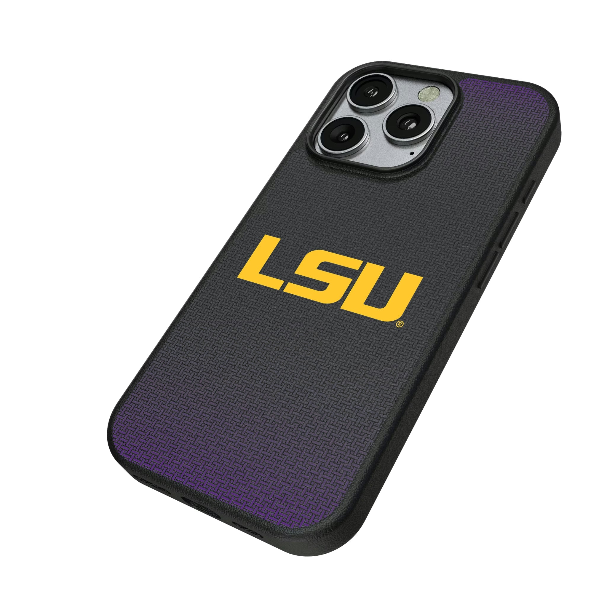 Louisiana State University Tigers Linen iPhone MagSafe Compatible Phone Case for Apple iPhone - Isometric View