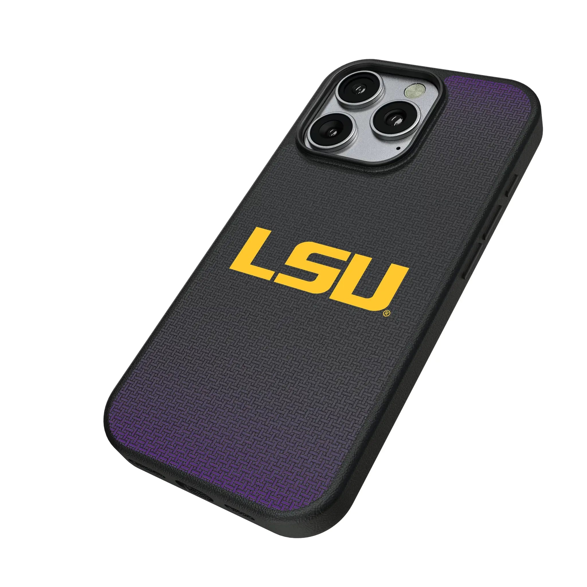 Louisiana State University Tigers Linen iPhone MagSafe Compatible Phone Case for Apple iPhone - Isometric View