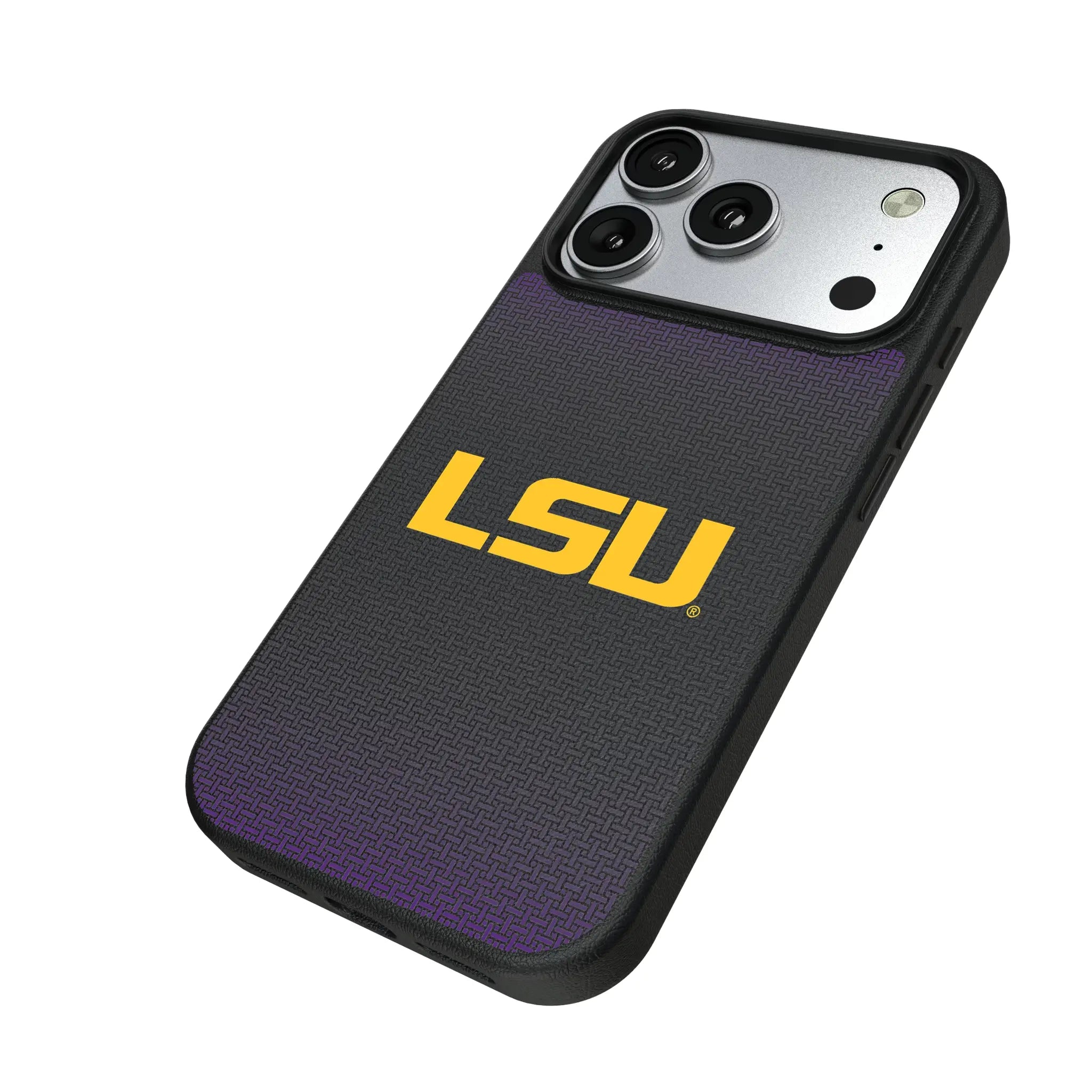 Louisiana State University Tigers Linen iPhone MagSafe Compatible Phone Case for Apple iPhone - Isometric View#Device_iPhone 17 Pro
