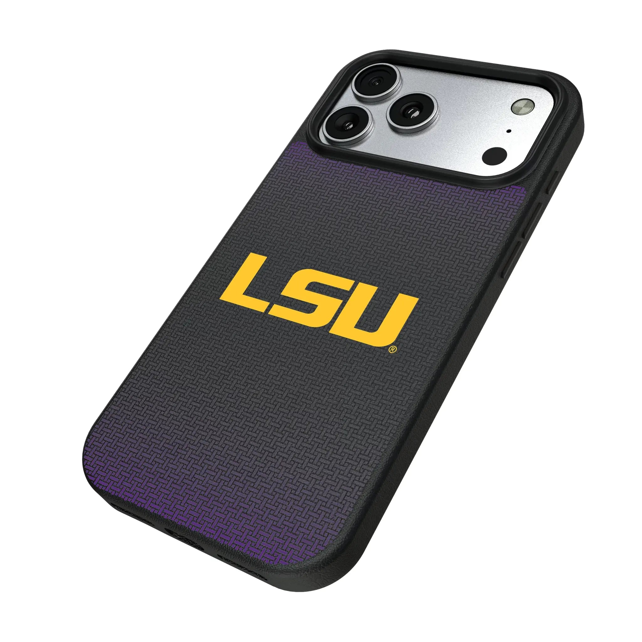 Louisiana State University Tigers Linen iPhone MagSafe Compatible Phone Case for Apple iPhone - Isometric View#Device_iPhone 17 Pro Max