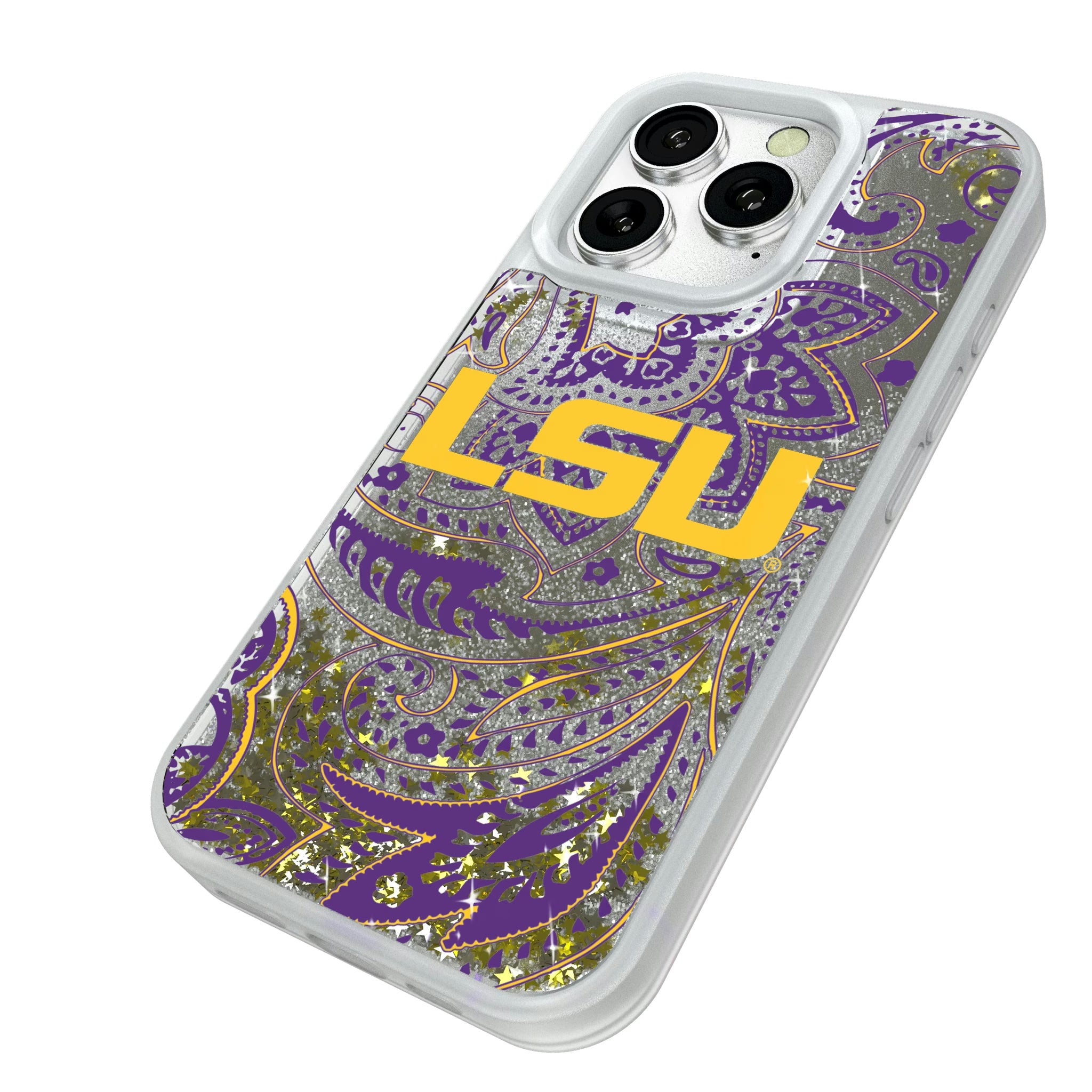 Louisiana State University Tigers Paisley iPhone Glitter Phone Case for Apple iPhone - Isometric View#Device_iPhone 16 Pro
