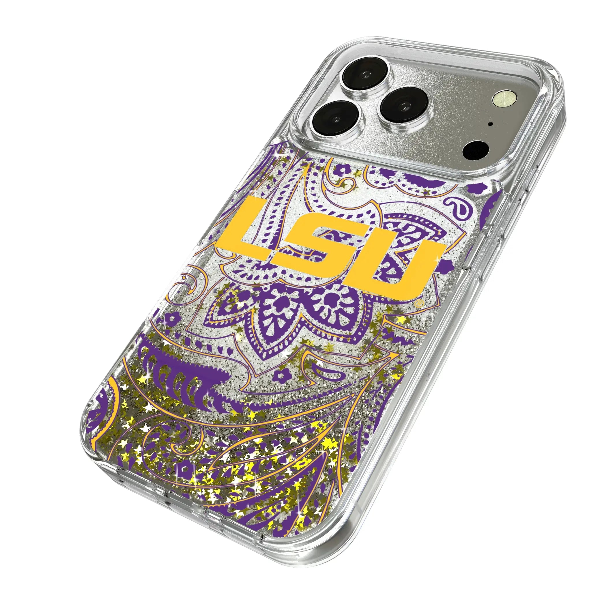 Louisiana State University Tigers Paisley iPhone Glitter Phone Case for Apple iPhone - Isometric View