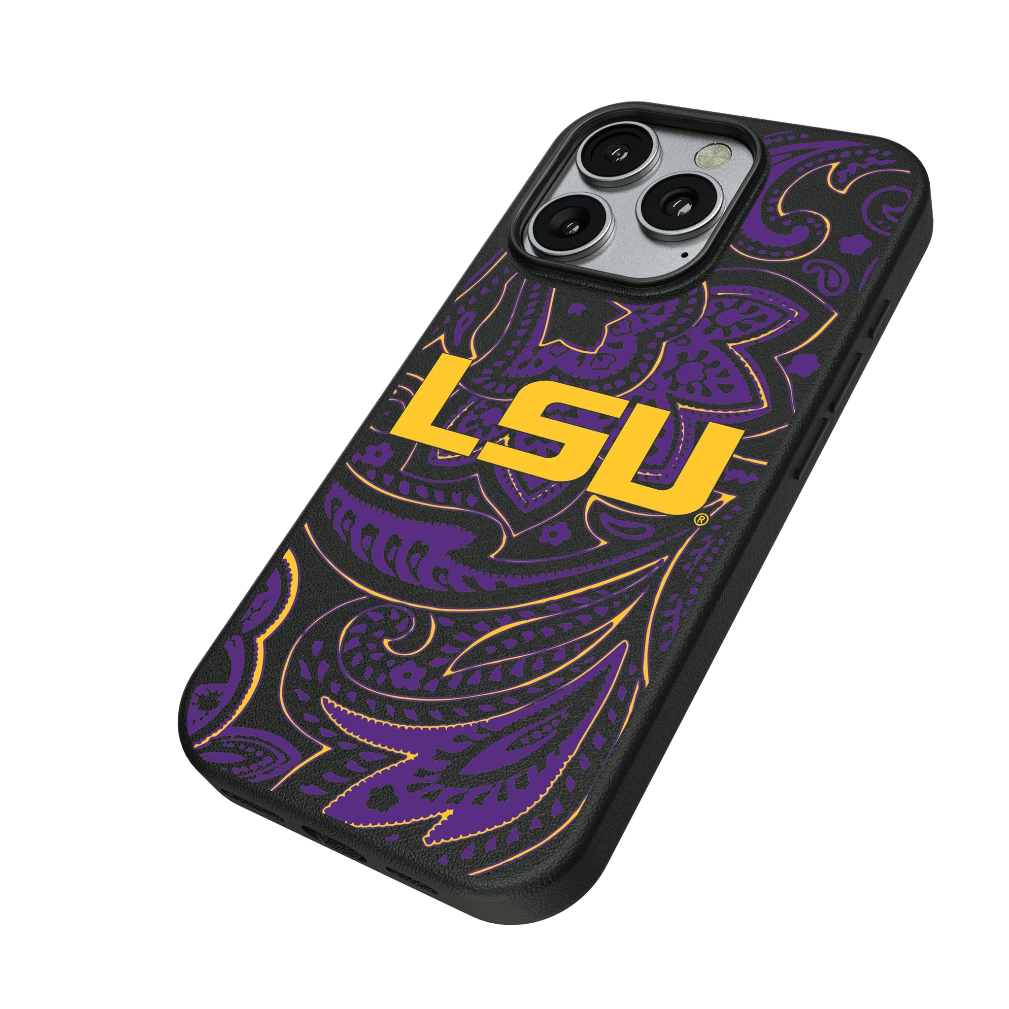 Louisiana State University Tigers Paisley iPhone MagSafe Compatible Phone Case for Apple iPhone - Isometric View