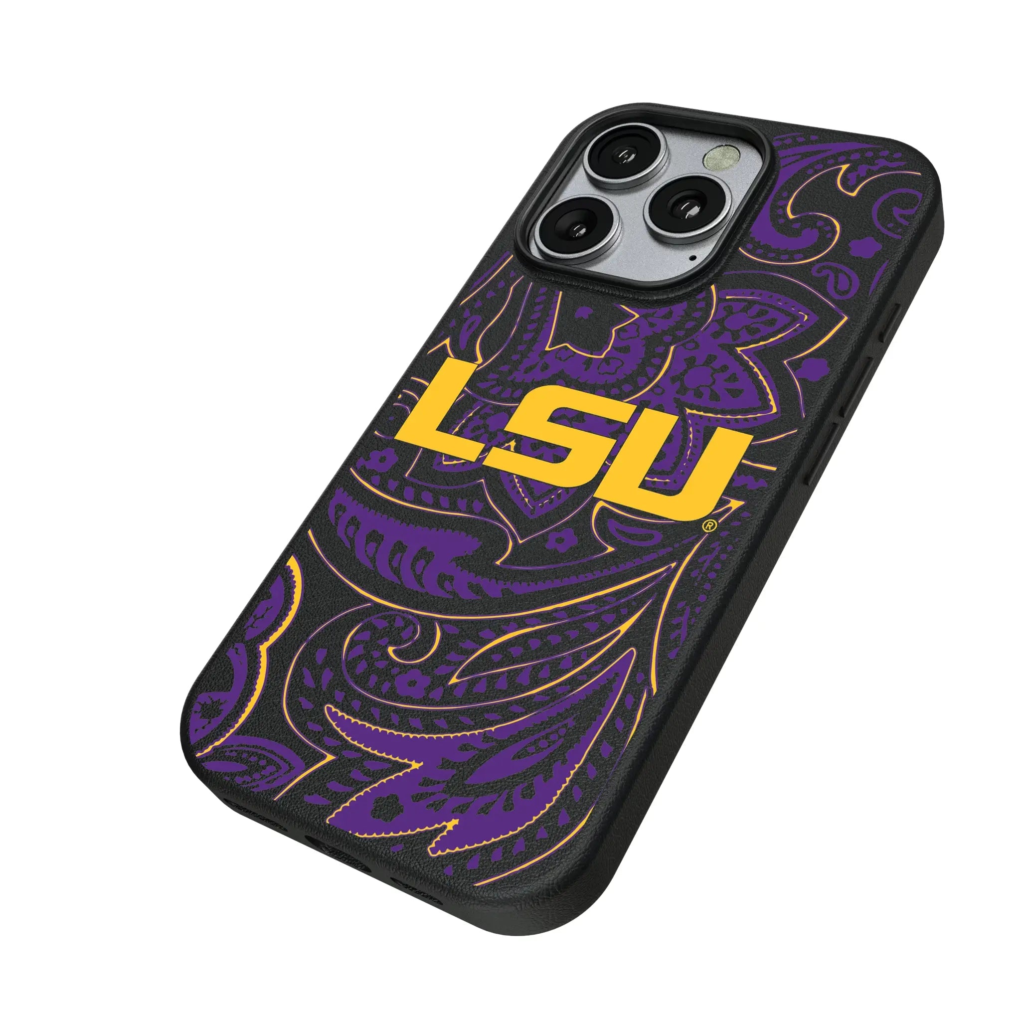 Louisiana State University Tigers Paisley iPhone MagSafe Compatible Phone Case for Apple iPhone - Isometric View