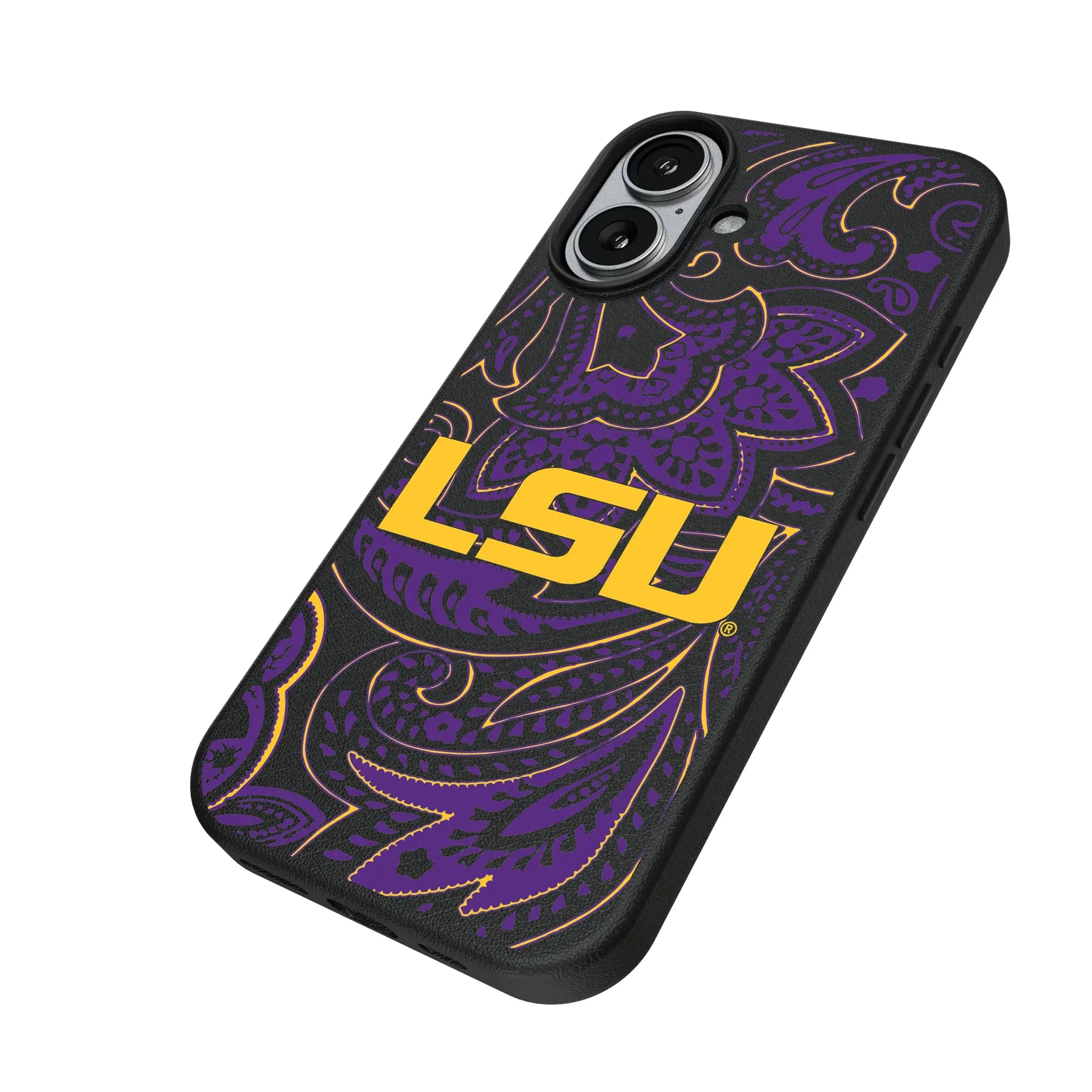Louisiana State University Tigers Paisley iPhone MagSafe Compatible Phone Case for Apple iPhone - Isometric View#Device_iPhone 17
