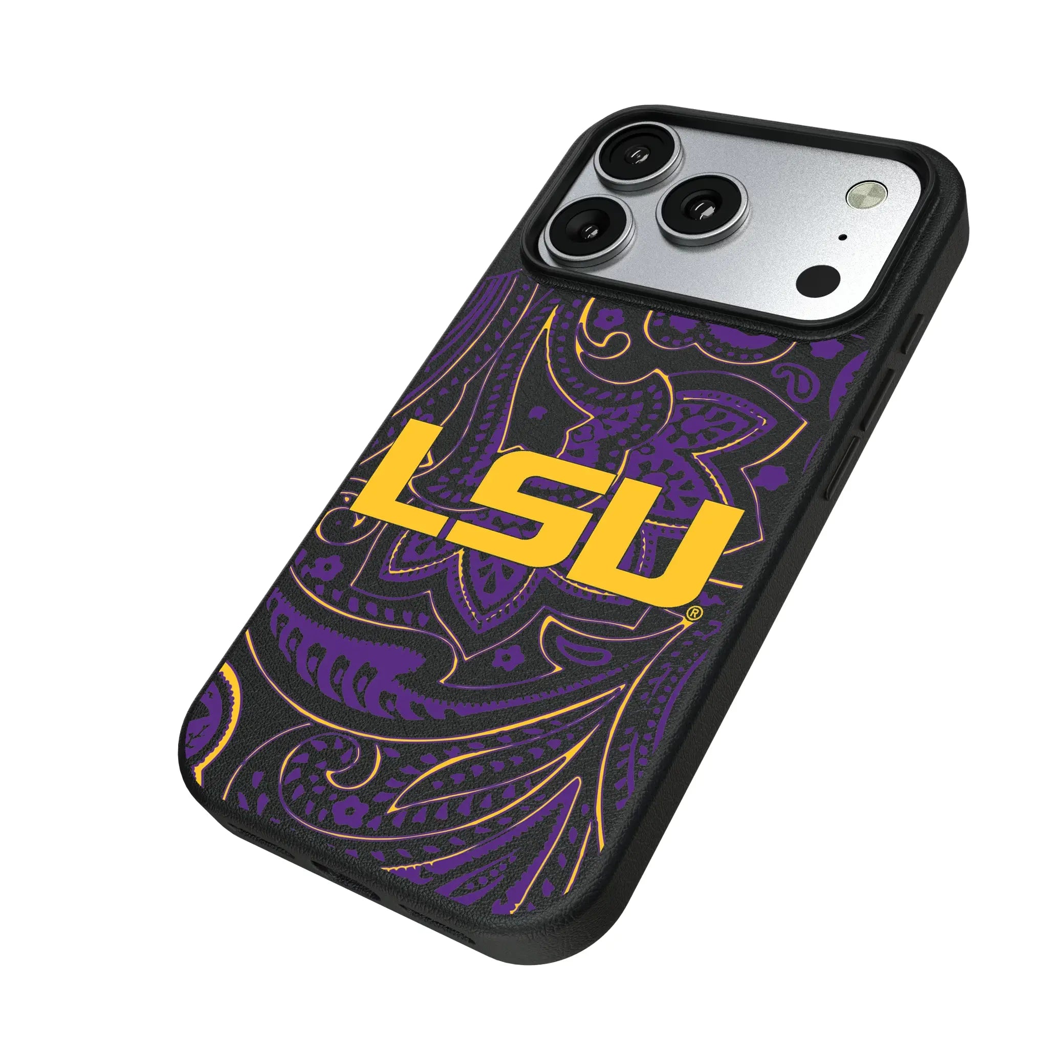 Louisiana State University Tigers Paisley iPhone MagSafe Compatible Phone Case for Apple iPhone - Isometric View#Device_iPhone 17 Pro