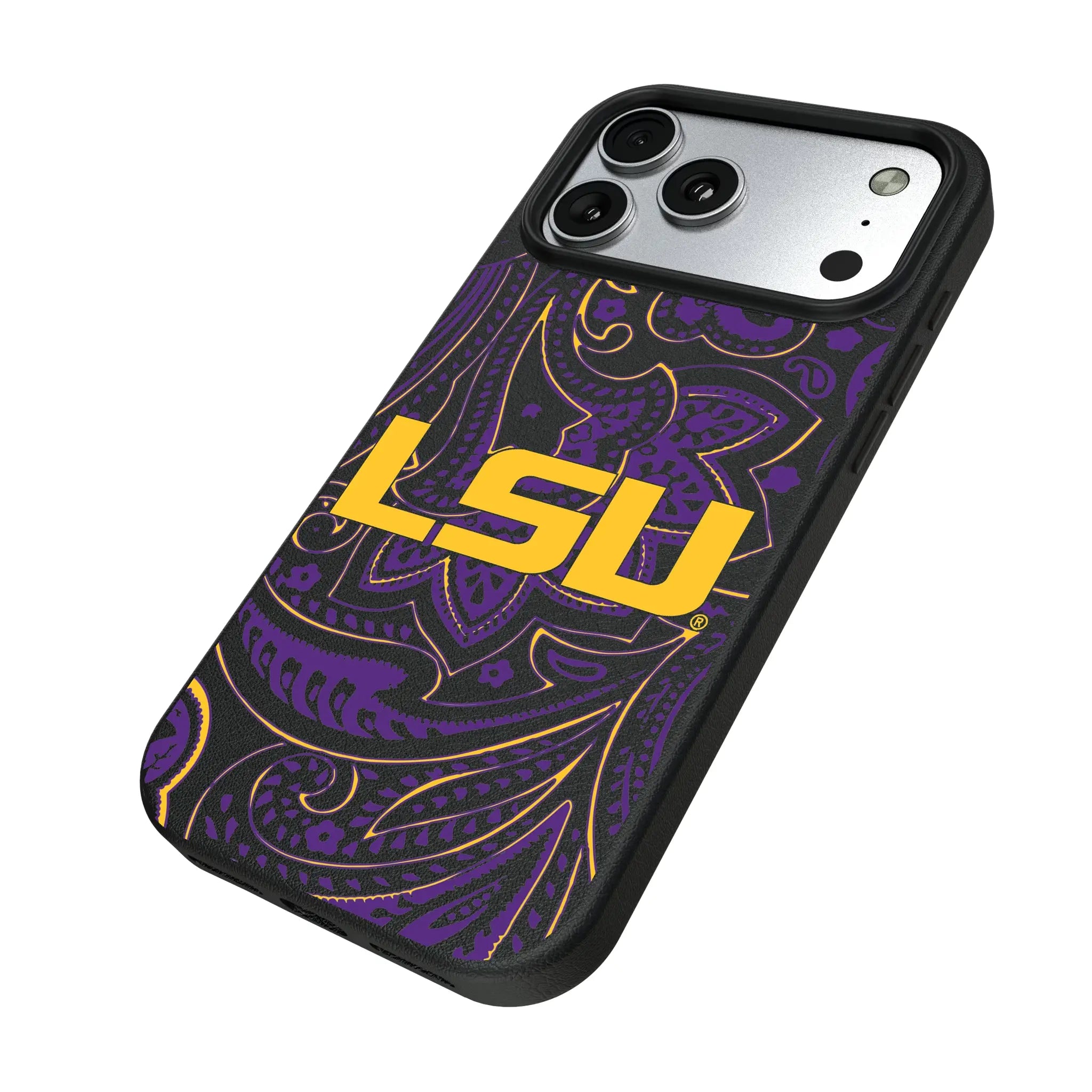 Louisiana State University Tigers Paisley iPhone MagSafe Compatible Phone Case for Apple iPhone - Isometric View#Device_iPhone 17 Pro Max
