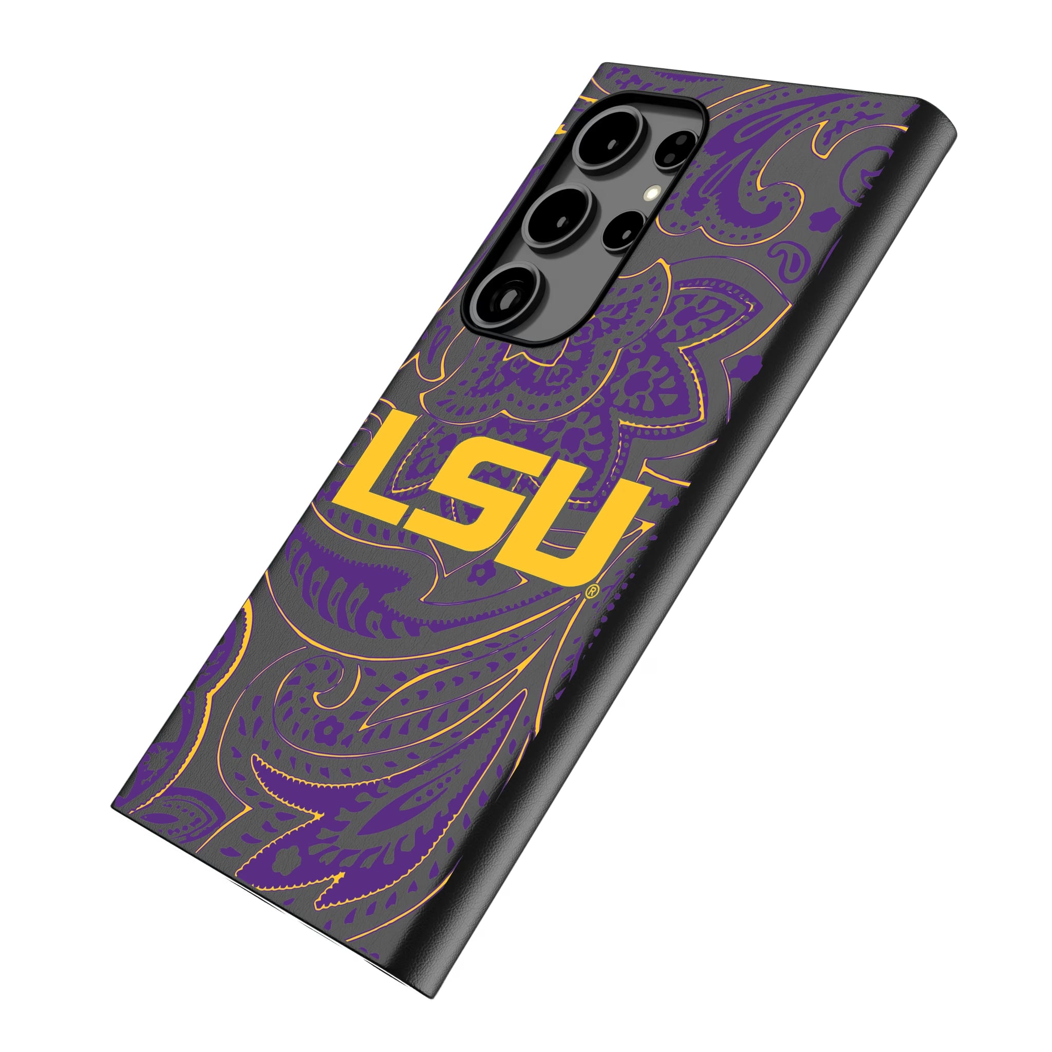 Louisiana State University Tigers Paisley Galaxy MagSafe Compatible Phone Case for Samsung Galaxy - Isometric View