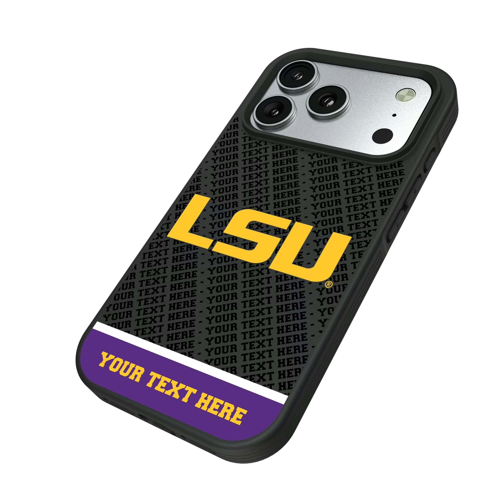 Louisiana State University Tigers Personalized EndZone Plus iPhone Bump Phone Case for Apple iPhone - Isometric View#Device_iPhone 17 Pro
