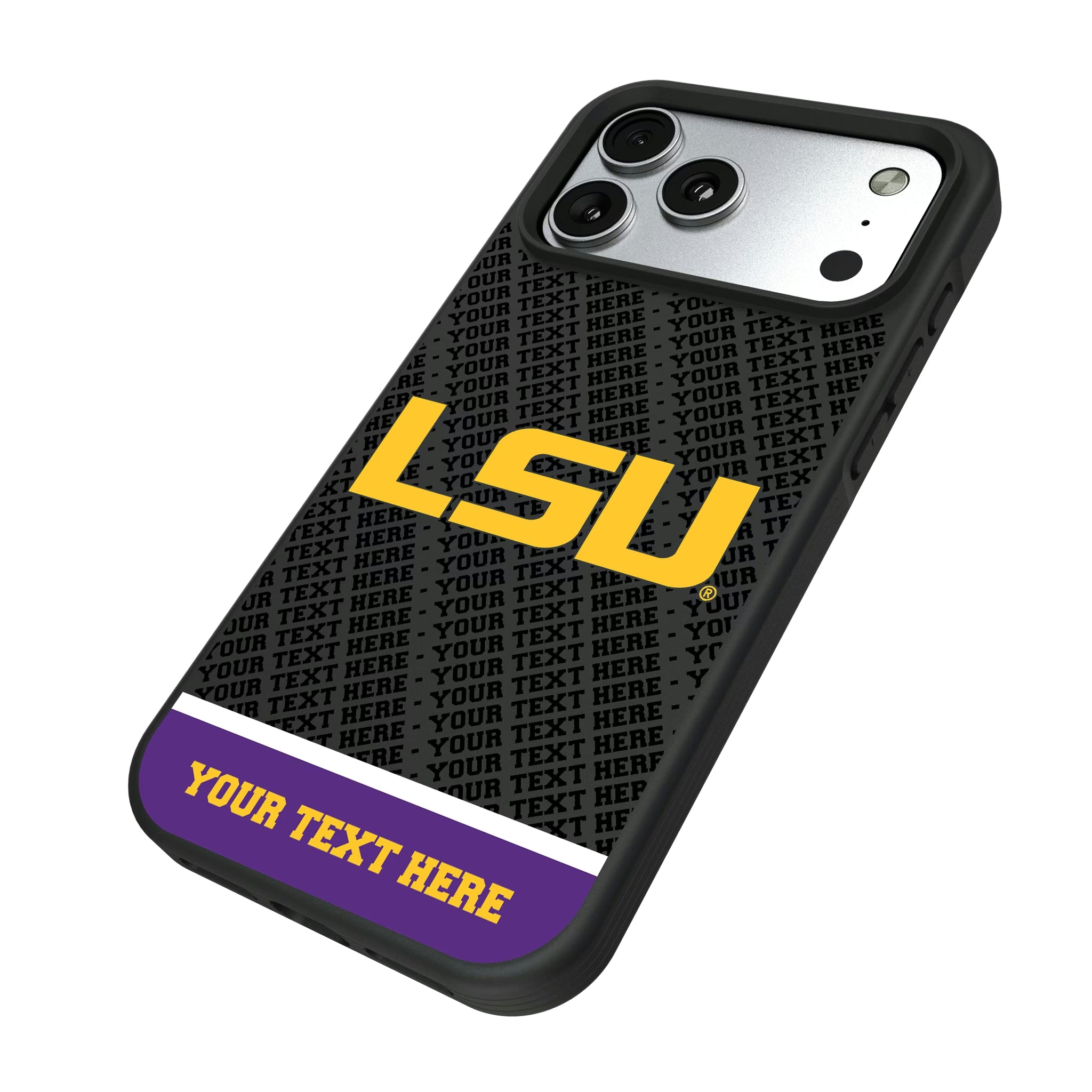Louisiana State University Tigers Personalized EndZone Plus iPhone Bump Phone Case for Apple iPhone - Isometric View#Device_iPhone 17 Pro Max