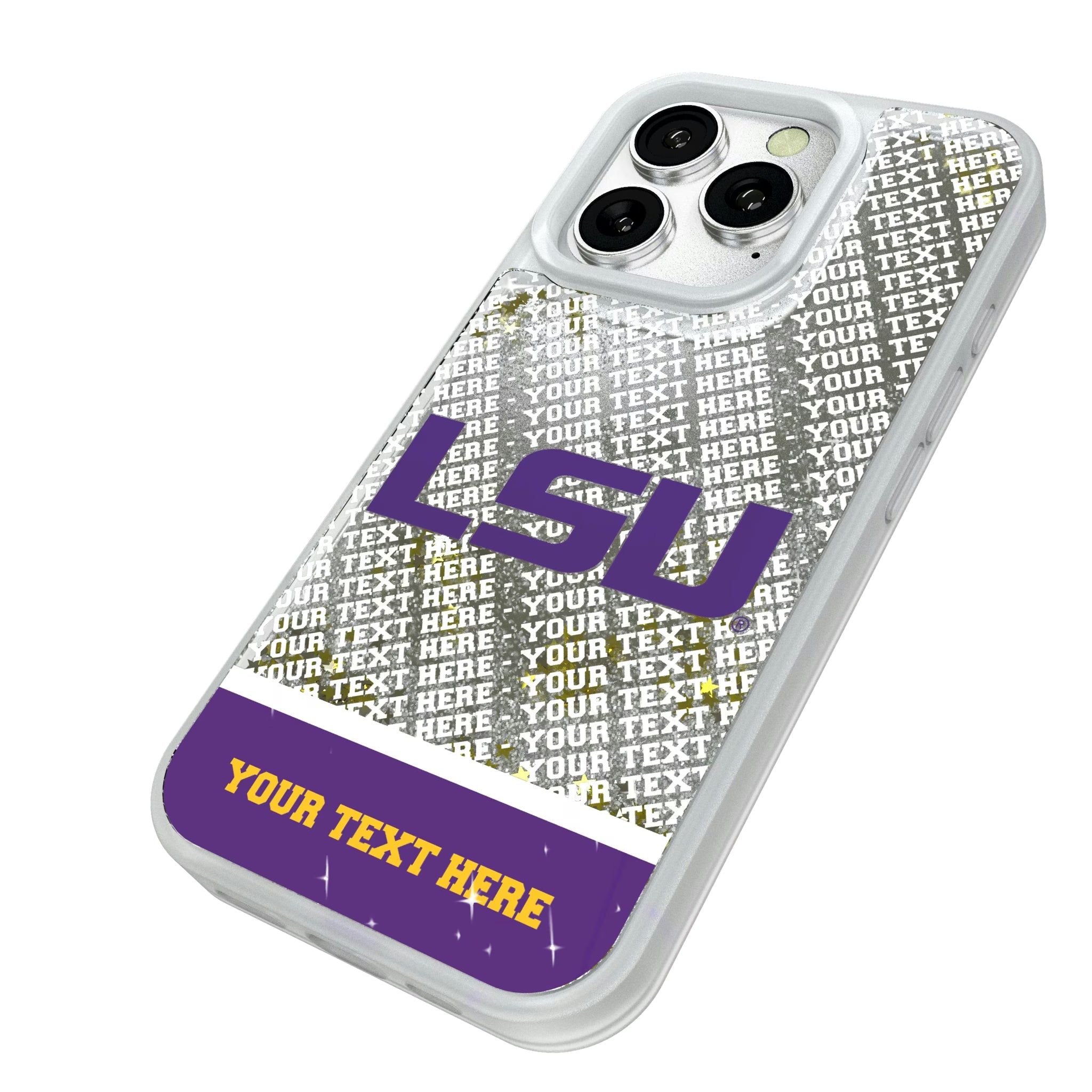 Louisiana State University Tigers Personalized EndZone Plus iPhone Glitter Phone Case for Apple iPhone - Isometric View#Device_iPhone 16 Pro