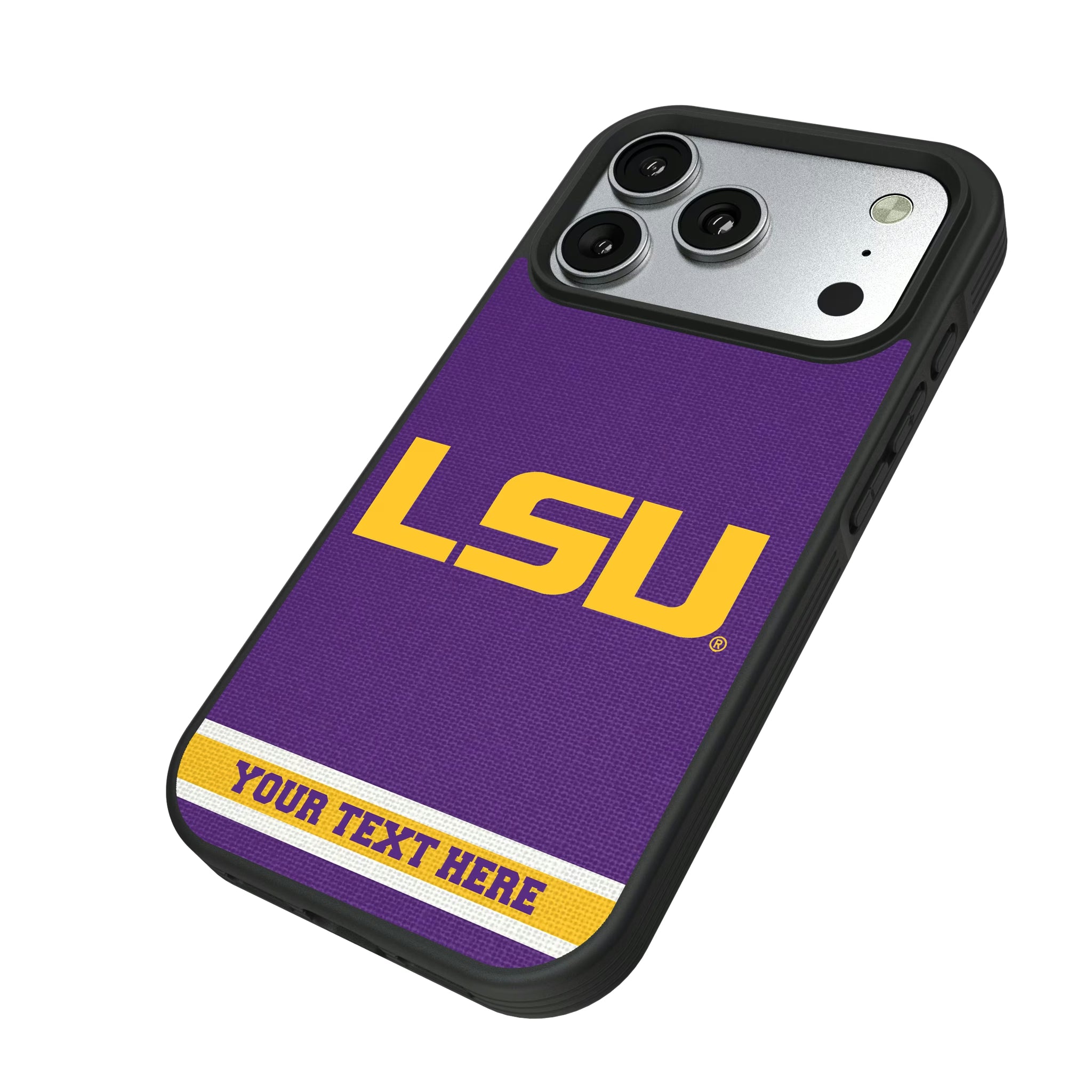 Louisiana State University Tigers Personalized Stripe iPhone Bump Phone Case for Apple iPhone - Isometric View#Device_iPhone 17 Pro