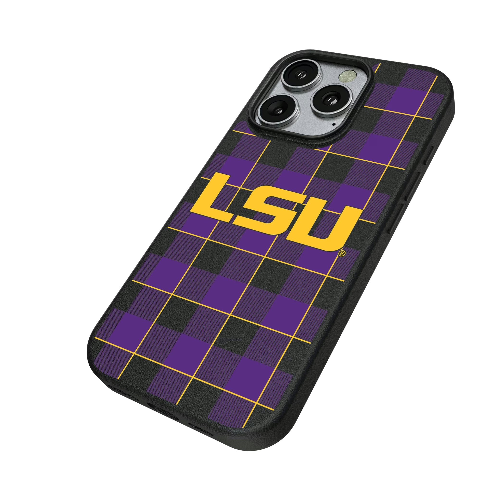 Louisiana State University Tigers Plaid iPhone MagSafe Compatible Phone Case for Apple iPhone - Isometric View