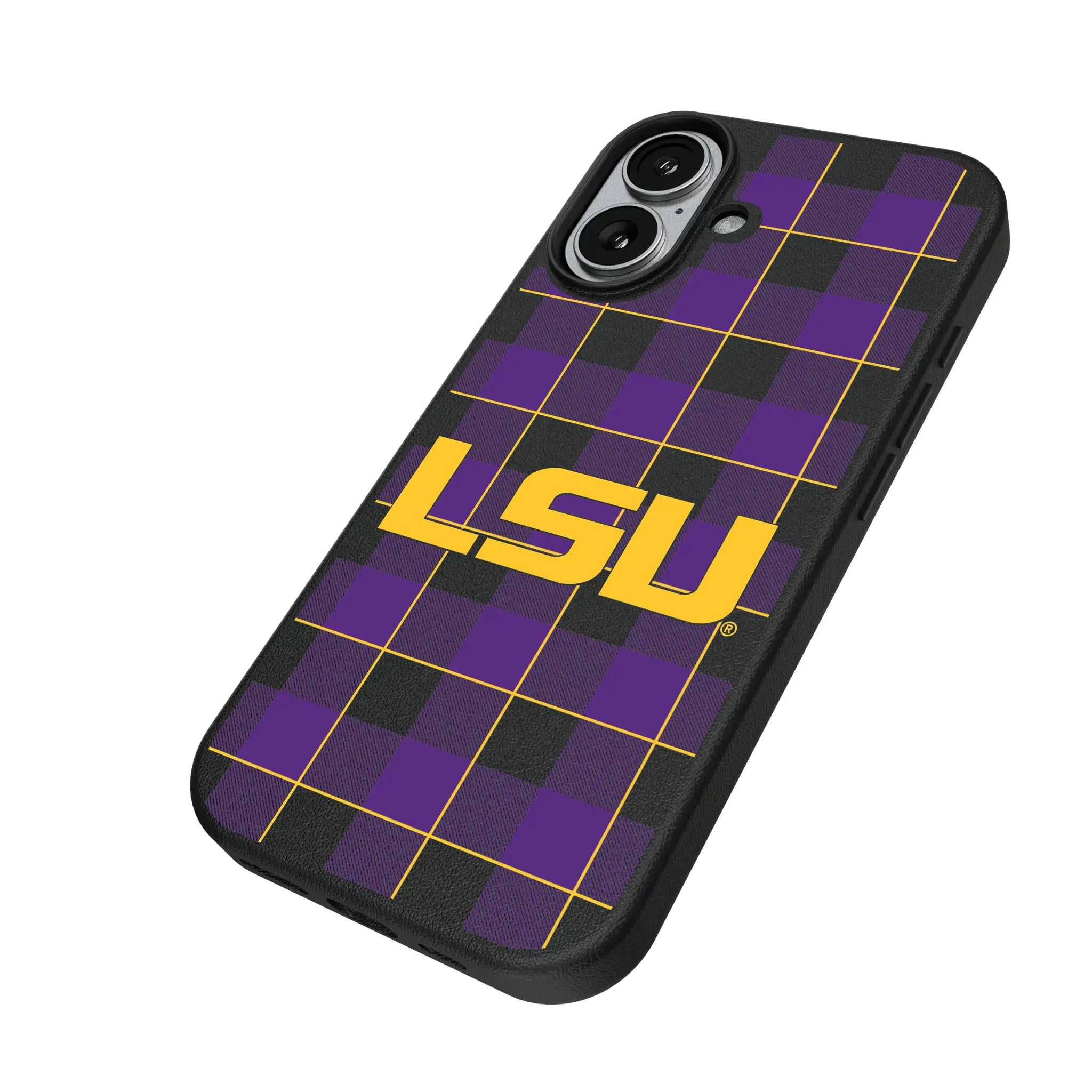 Louisiana State University Tigers Plaid iPhone MagSafe Compatible Phone Case for Apple iPhone - Isometric View#Device_iPhone 17