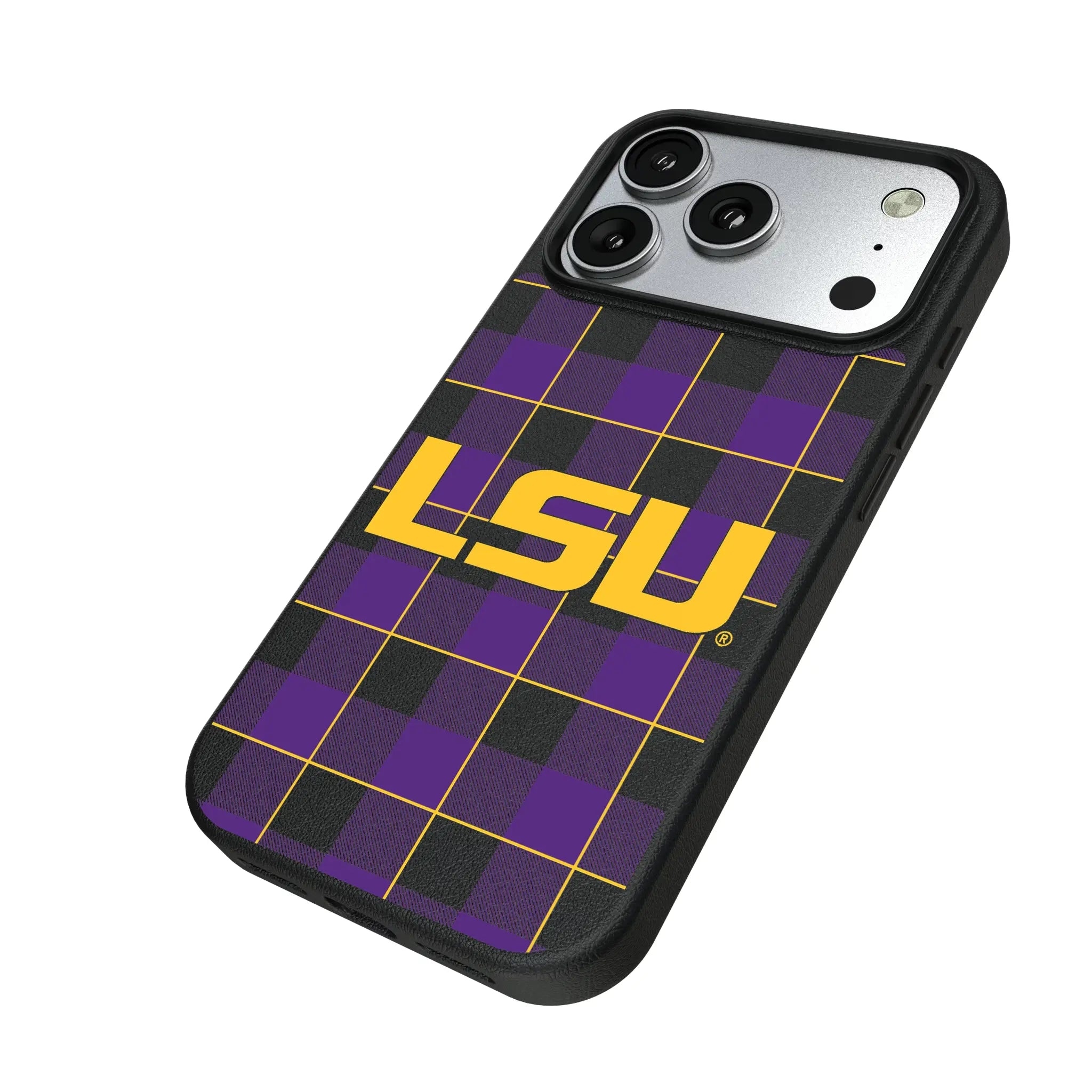 Louisiana State University Tigers Plaid iPhone MagSafe Compatible Phone Case for Apple iPhone - Isometric View#Device_iPhone 17 Pro