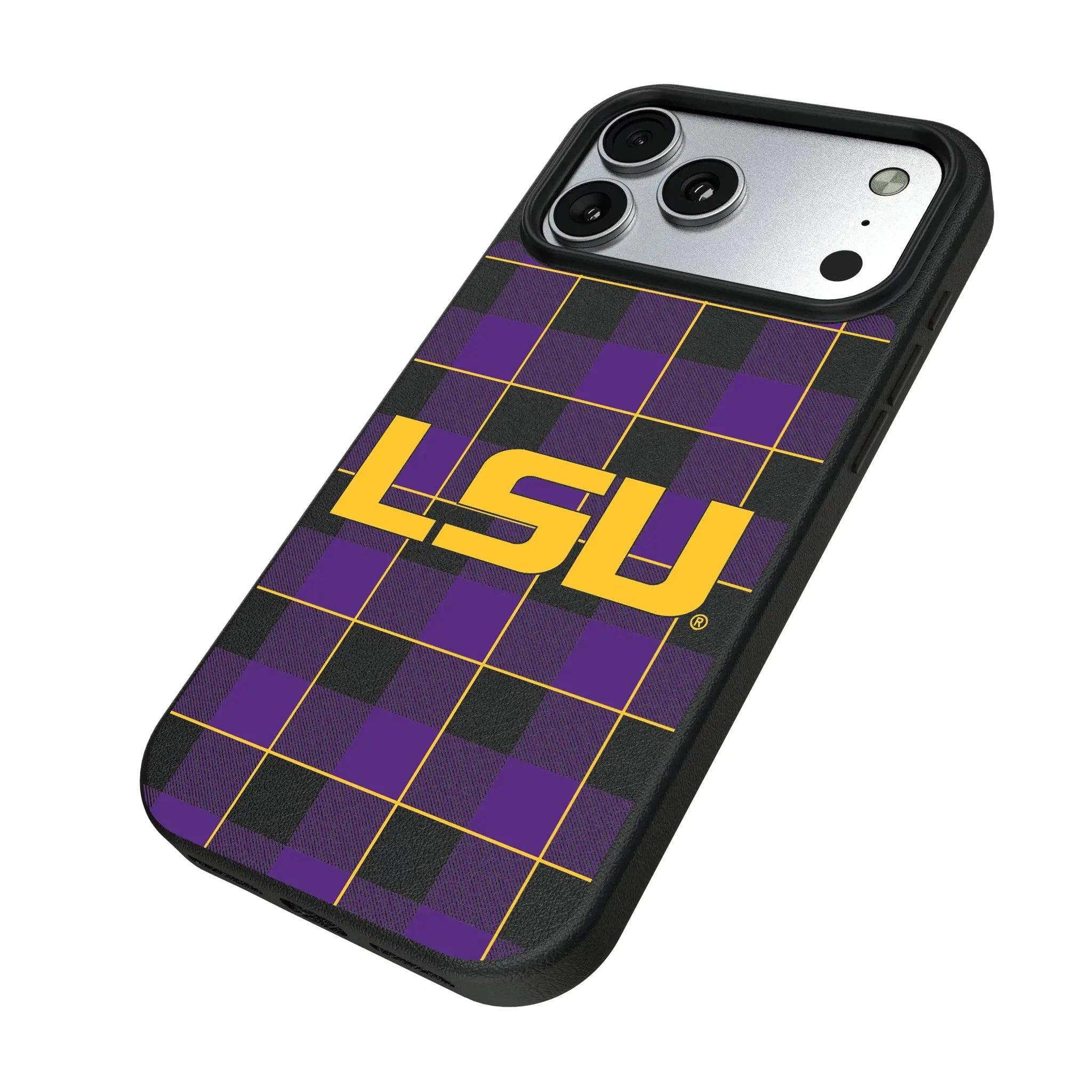 Louisiana State University Tigers Plaid iPhone MagSafe Compatible Phone Case for Apple iPhone - Isometric View#Device_iPhone 17 Pro Max
