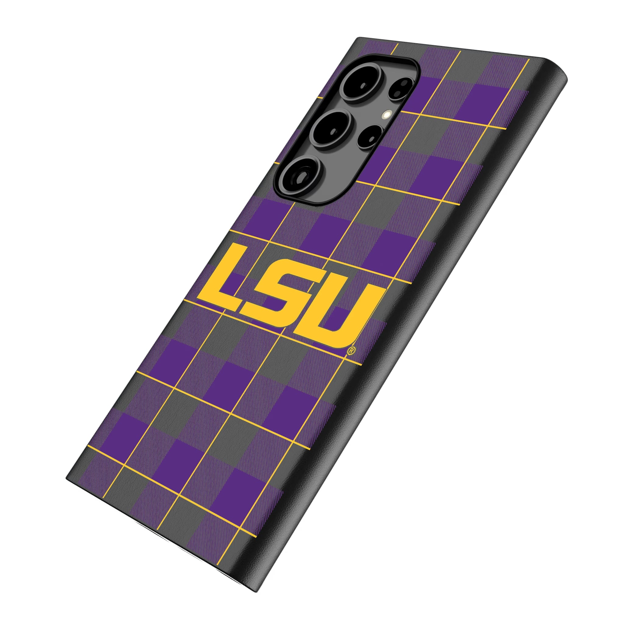 Louisiana State University Tigers Plaid Galaxy MagSafe Compatible Phone Case for Samsung Galaxy - Isometric View