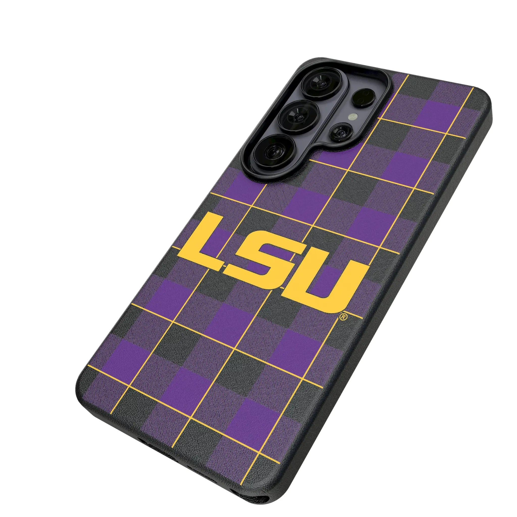 Louisiana State University Tigers Plaid Galaxy MagSafe Compatible Phone Case for Samsung Galaxy - Isometric View#Device_Galaxy S26 Ultra