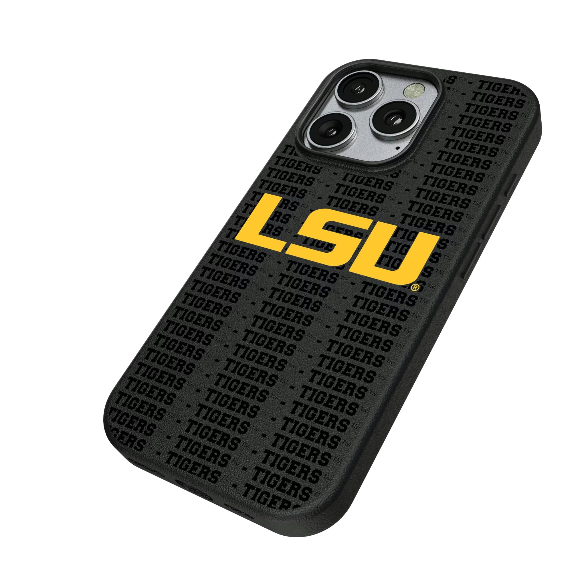 Louisiana State University Tigers Text Backdrop iPhone MagSafe Compatible Phone Case for Apple iPhone - Isometric View