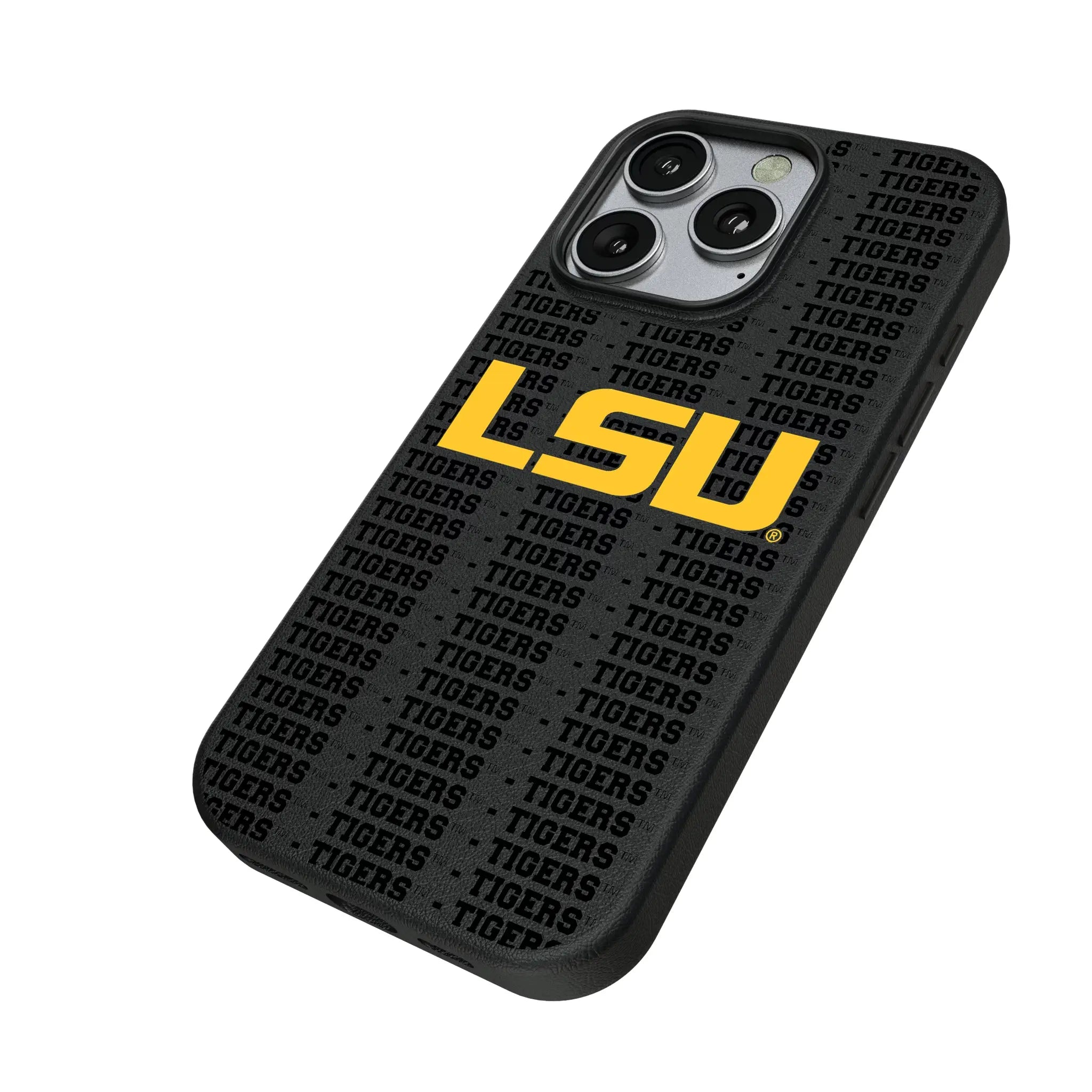 Louisiana State University Tigers Text Backdrop iPhone MagSafe Compatible Phone Case for Apple iPhone - Isometric View