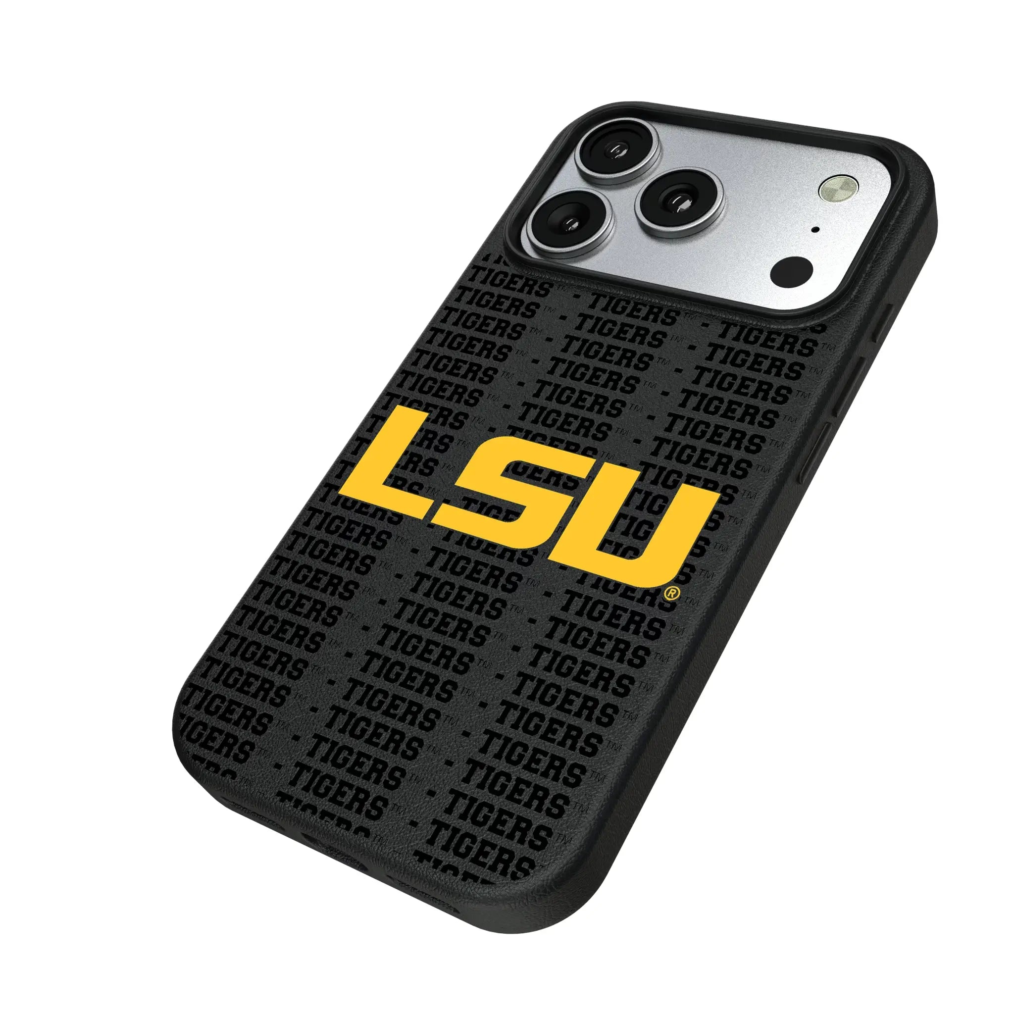 Louisiana State University Tigers Text Backdrop iPhone MagSafe Compatible Phone Case for Apple iPhone - Isometric View#Device_iPhone 17 Pro