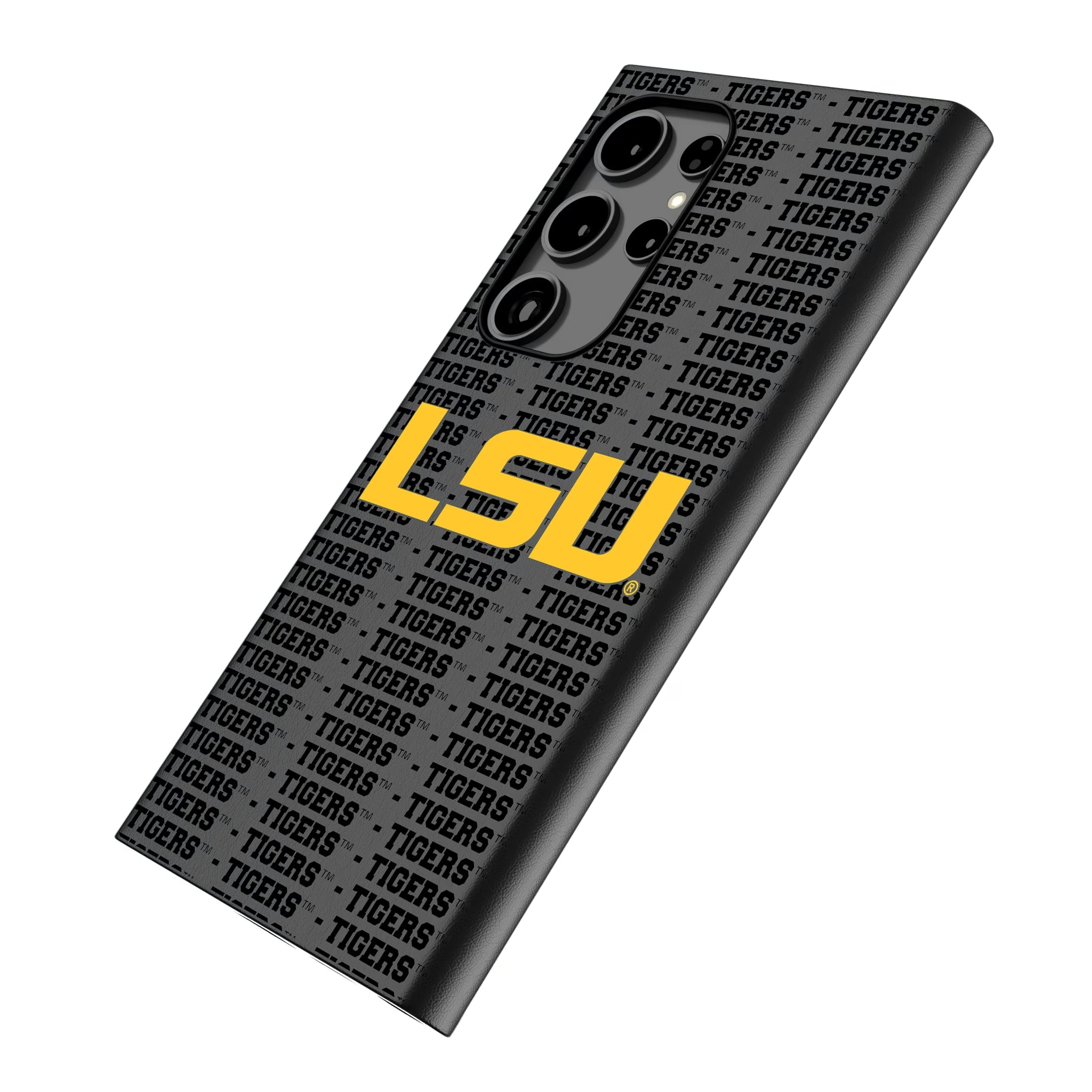 Louisiana State University Tigers Text Backdrop Galaxy MagSafe Compatible Phone Case for Samsung Galaxy - Isometric View