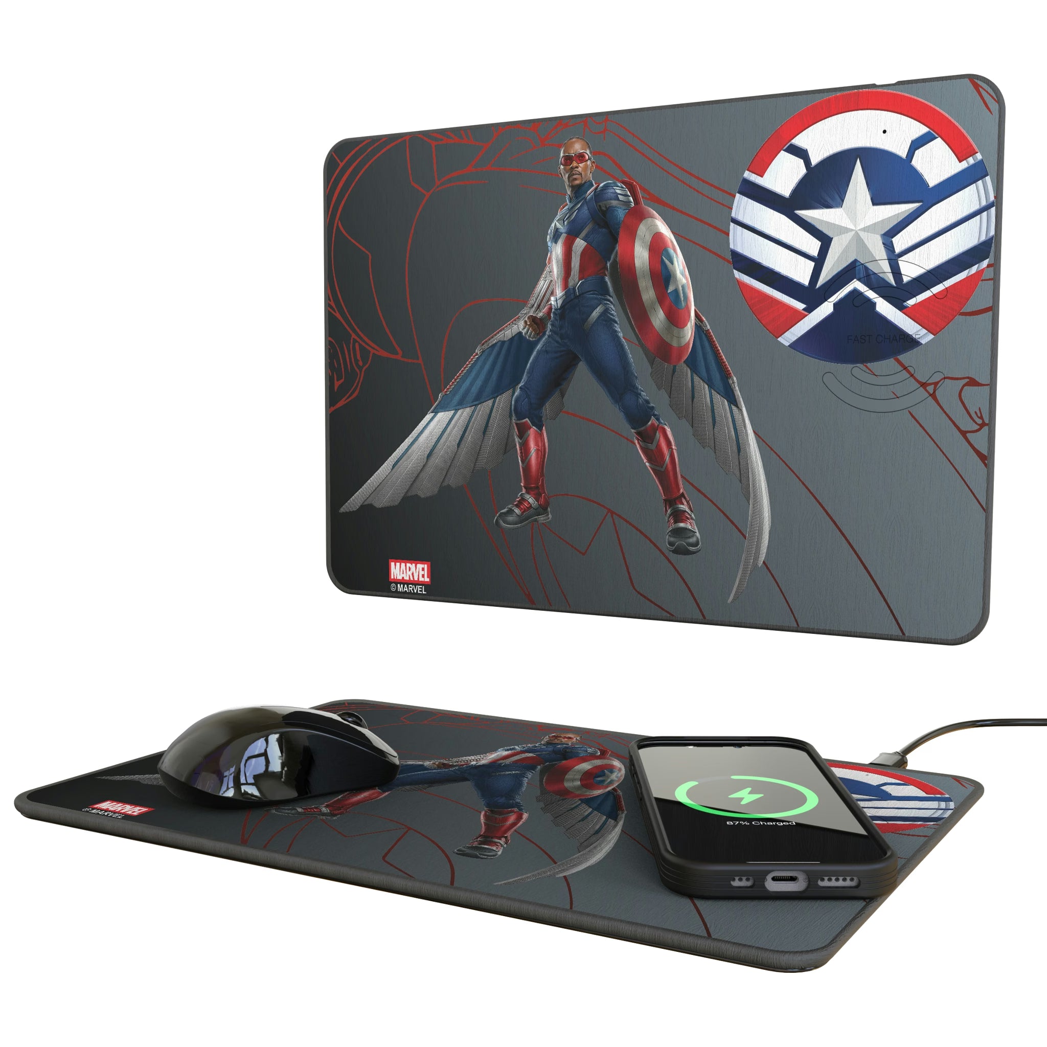 Marvel Avengers Sam Wilson Captain America MechLine 15-Watt Wireless Charger and Mouse Pad