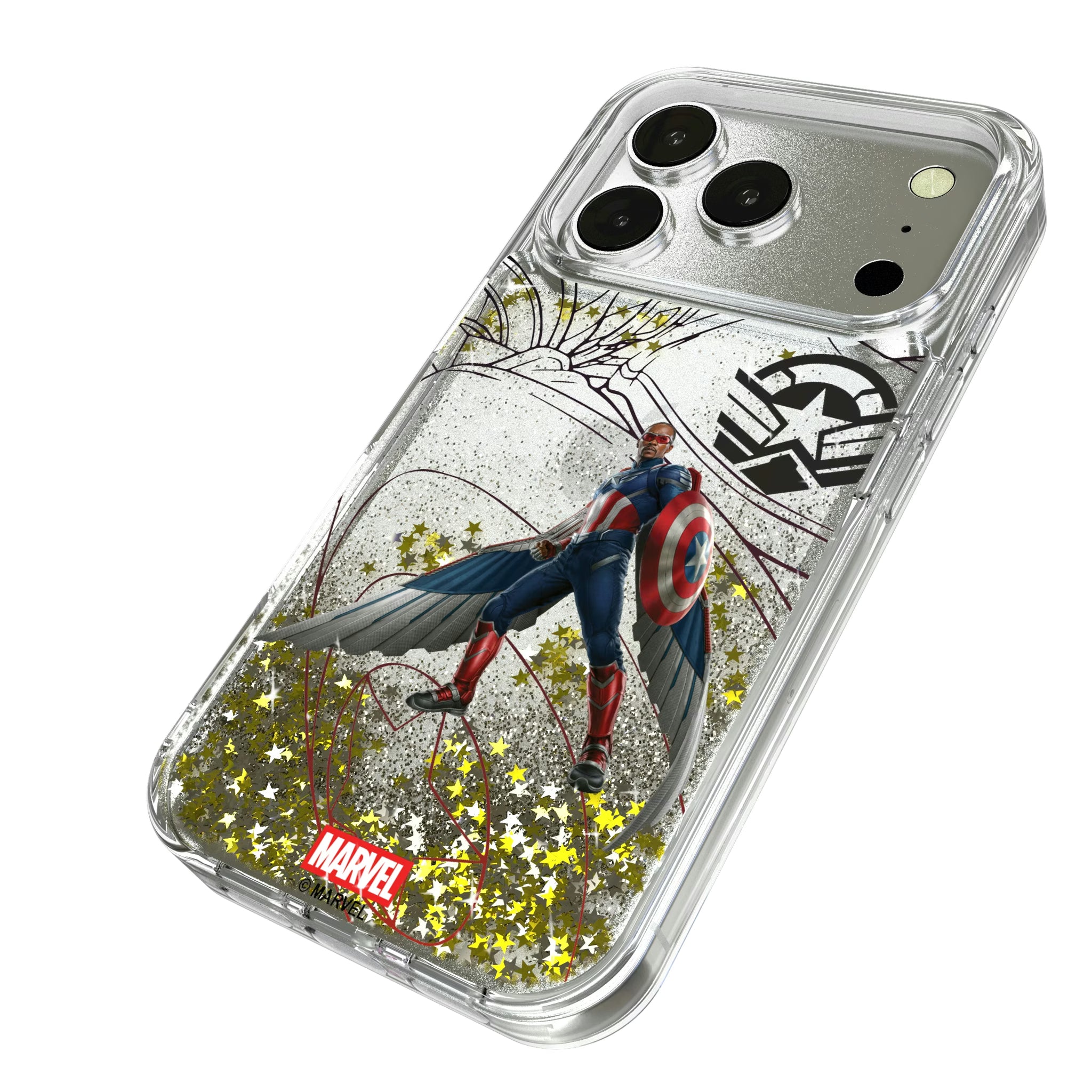Marvel Avengers Sam Wilson Captain America MechLine iPhone Glitter Phone Case for Apple iPhone - Isometric View#Device_iPhone 16 Pro