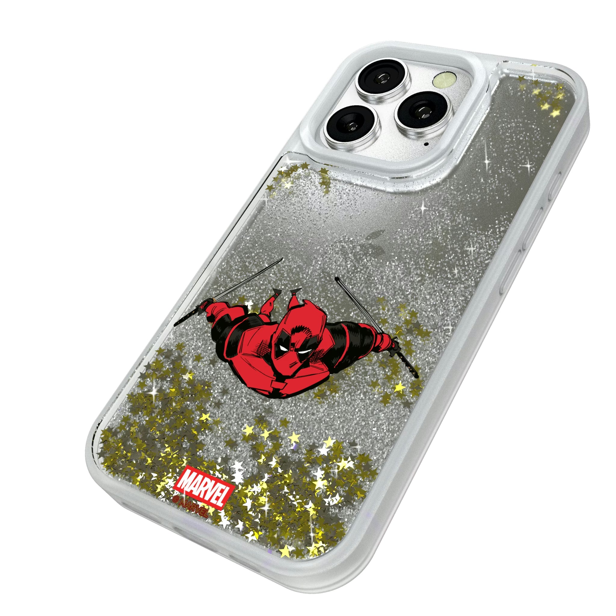Marvel Deadpool Badge iPhone Glitter Phone Case for Apple iPhone - Isometric View#Device_iPhone 16 Pro