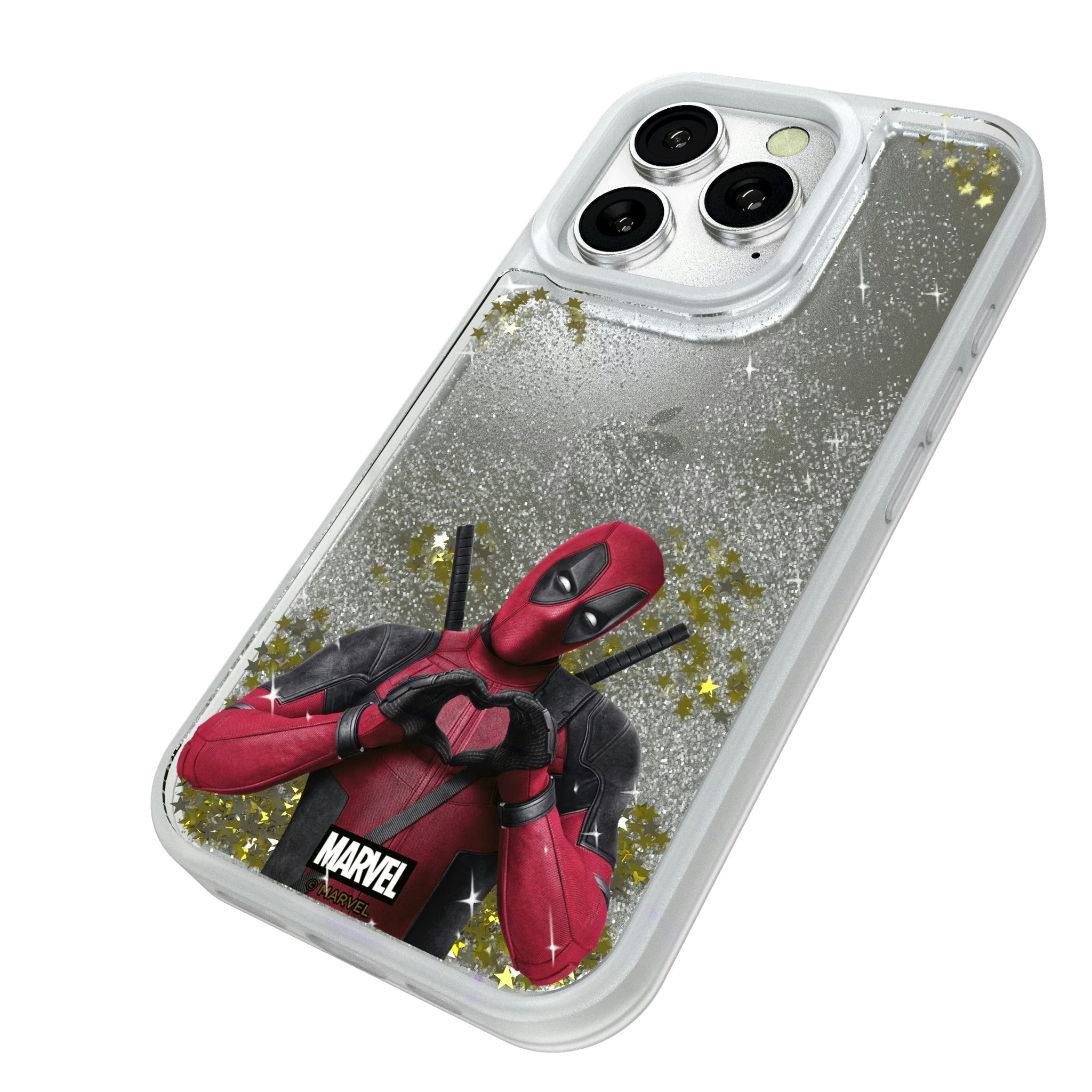 Marvel Deadpool Badge iPhone Glitter Phone Case for Apple iPhone - Isometric View#Device_iPhone 16 Pro