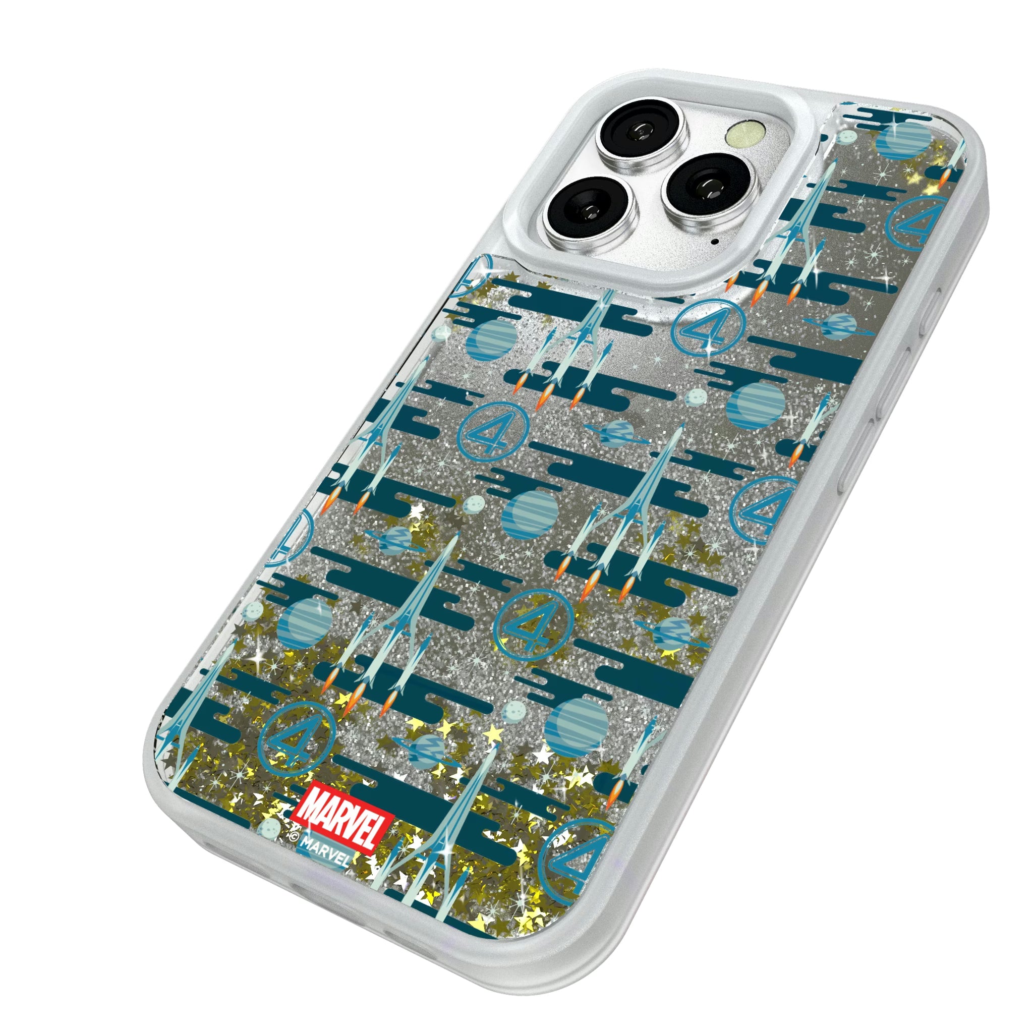 Marvel Fantastic Four Pattern iPhone Glitter Phone Case for Apple iPhone - Isometric View#Device_iPhone 16 Pro