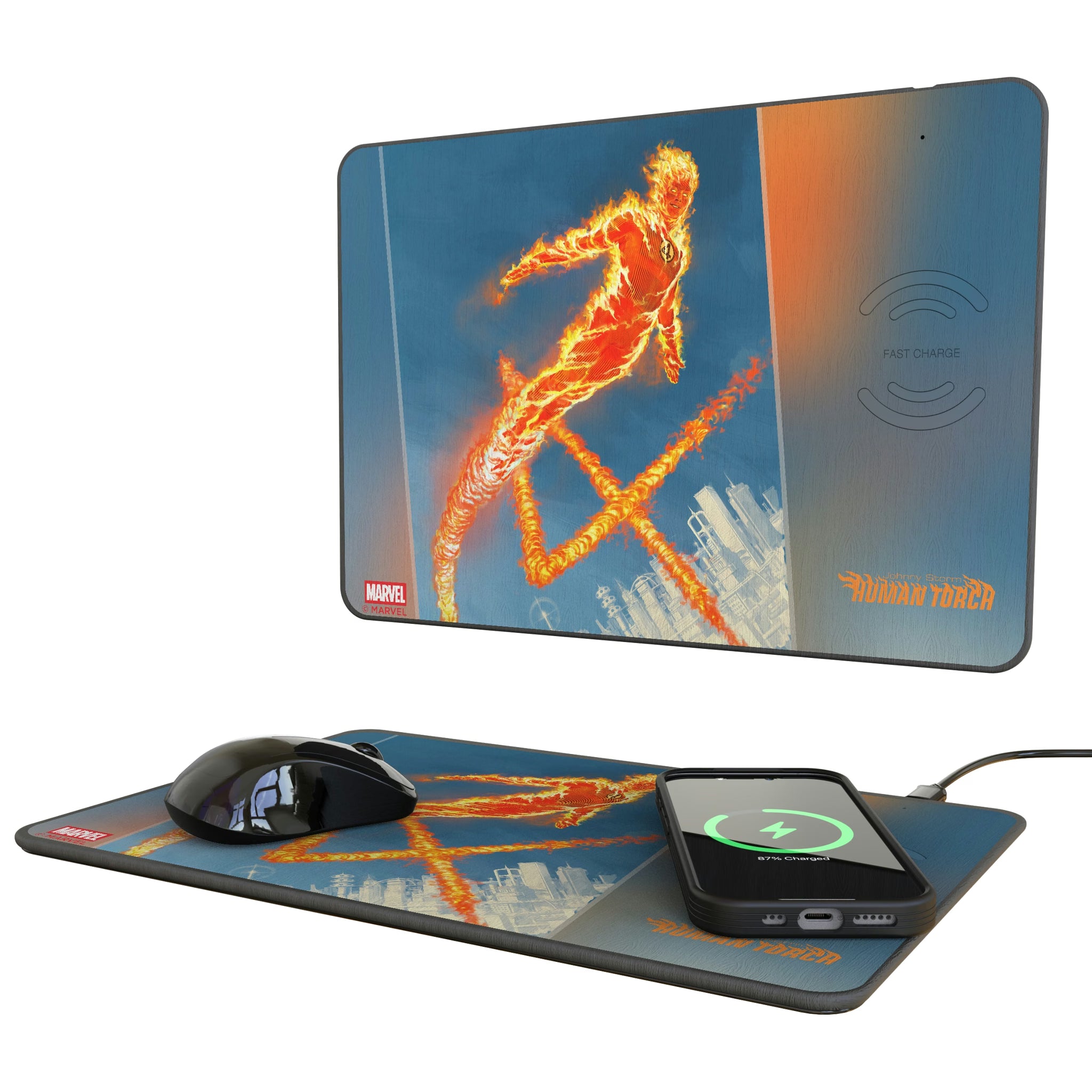Marvel Human Torch Cover Art 15-Watt Wireless Charger and Mouse Pad