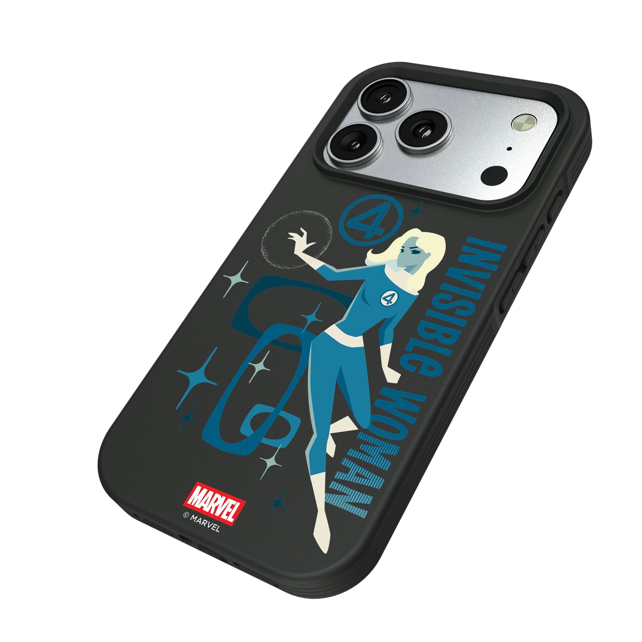 Marvel Invisible Woman Badge iPhone Bump Phone Case for Apple iPhone - Isometric View#Device_iPhone 17 Pro