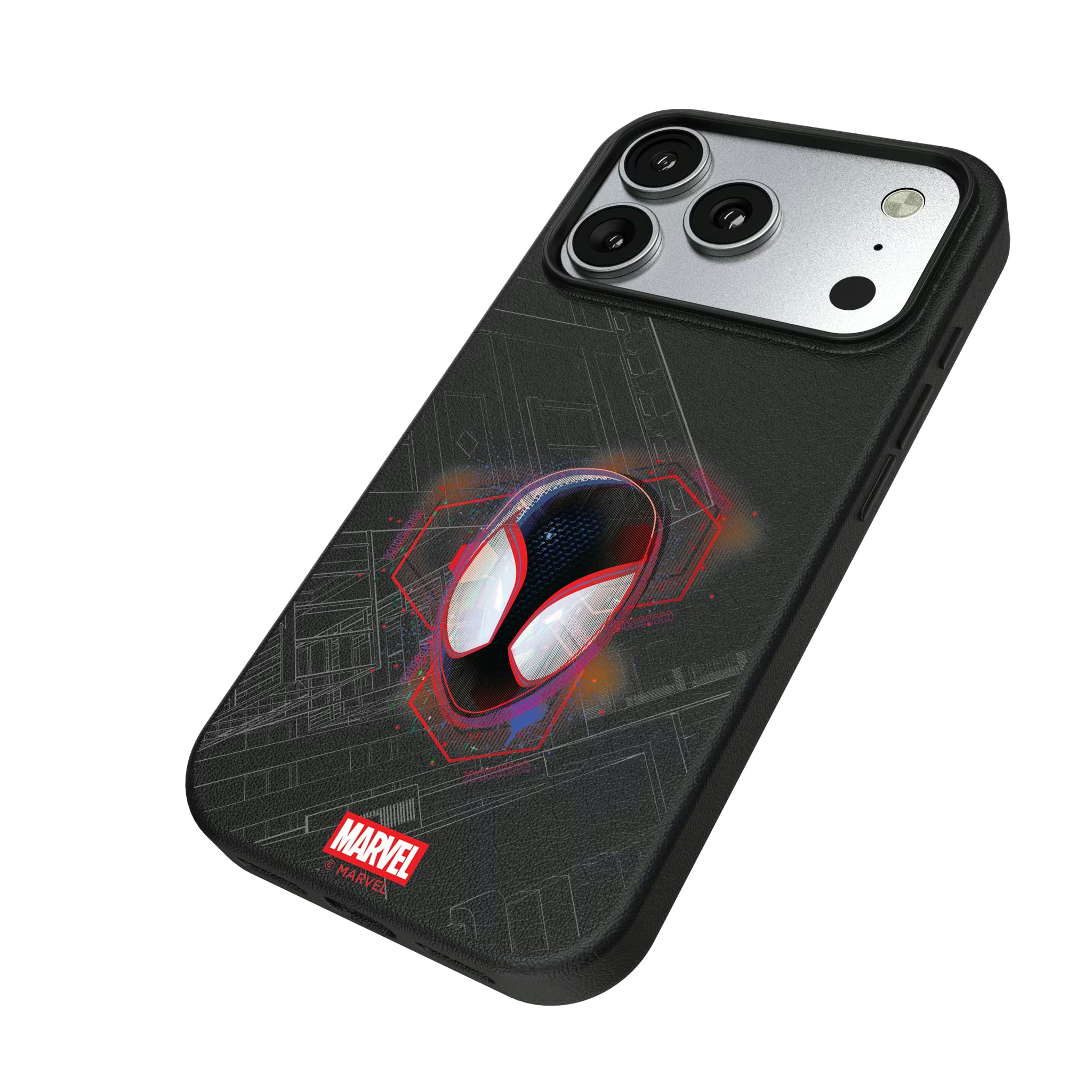 Marvel Miles Morales Badge iPhone MagSafe Compatible Phone Case for Apple iPhone - Isometric View#Device_iPhone 17 Pro