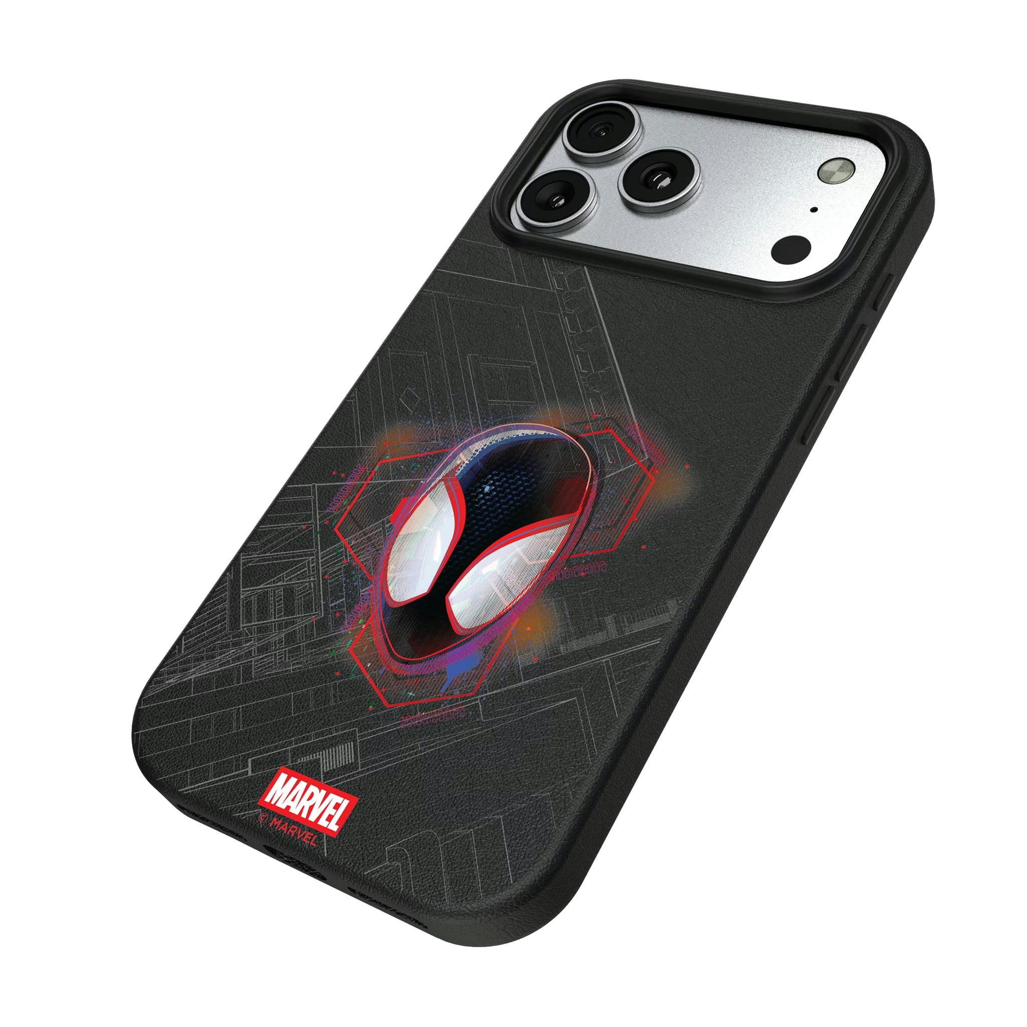 Marvel Miles Morales Badge iPhone MagSafe Compatible Phone Case for Apple iPhone - Isometric View#Device_iPhone 17 Pro Max
