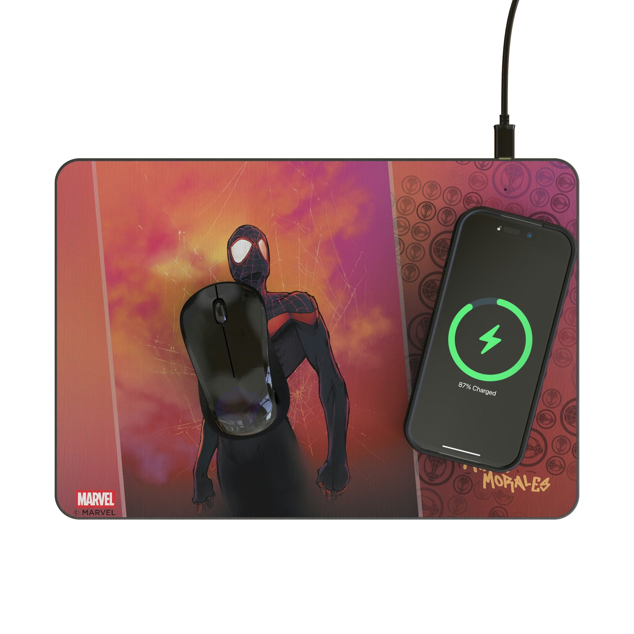 Marvel Miles Morales Cover Art 15-Watt Wireless Charger and Mouse Pad - Lifestyle
